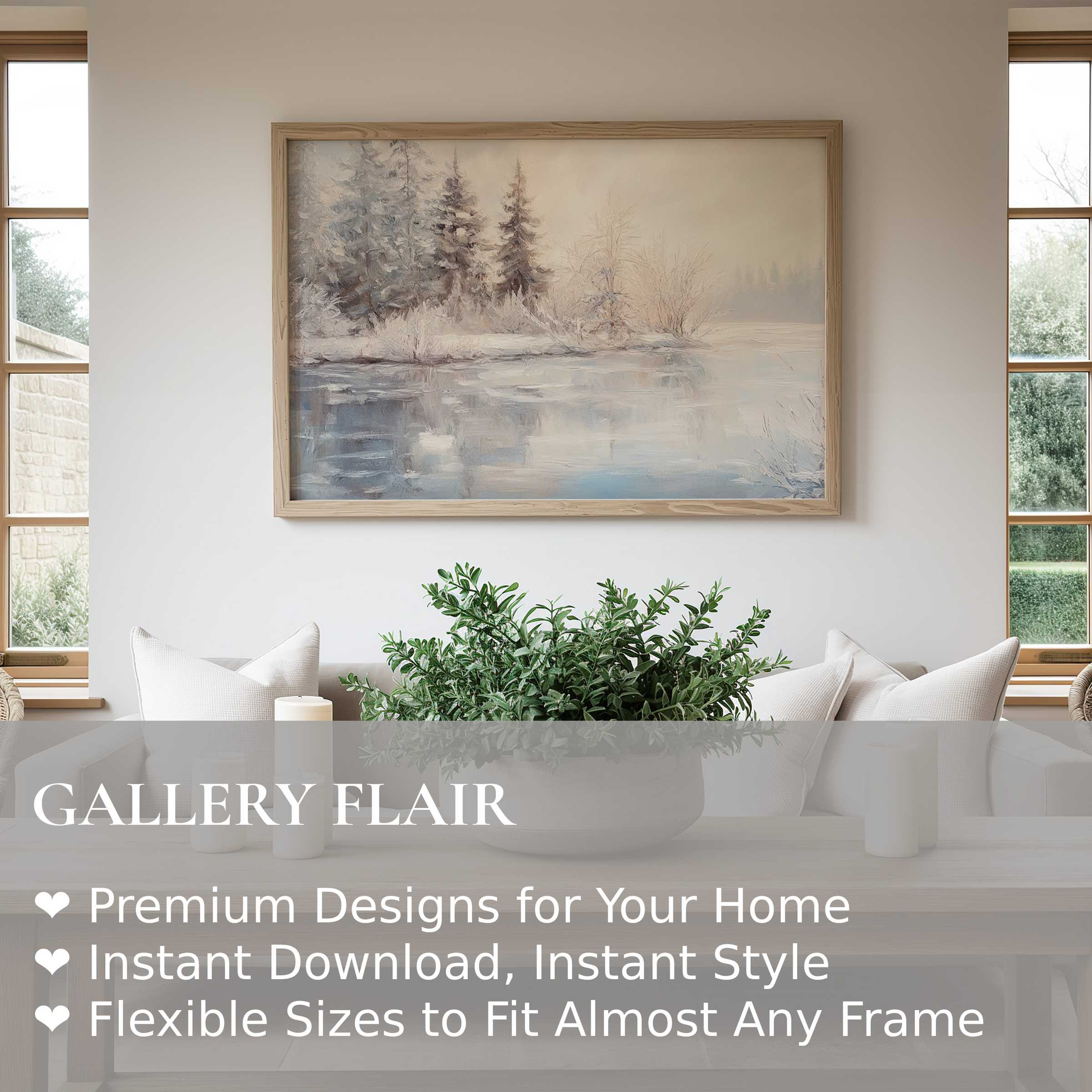 Serene winter wall art print capturing a tranquil snowy forest reflected on icy waters, enhancing modern minimalist interiors with soft, calming elegance