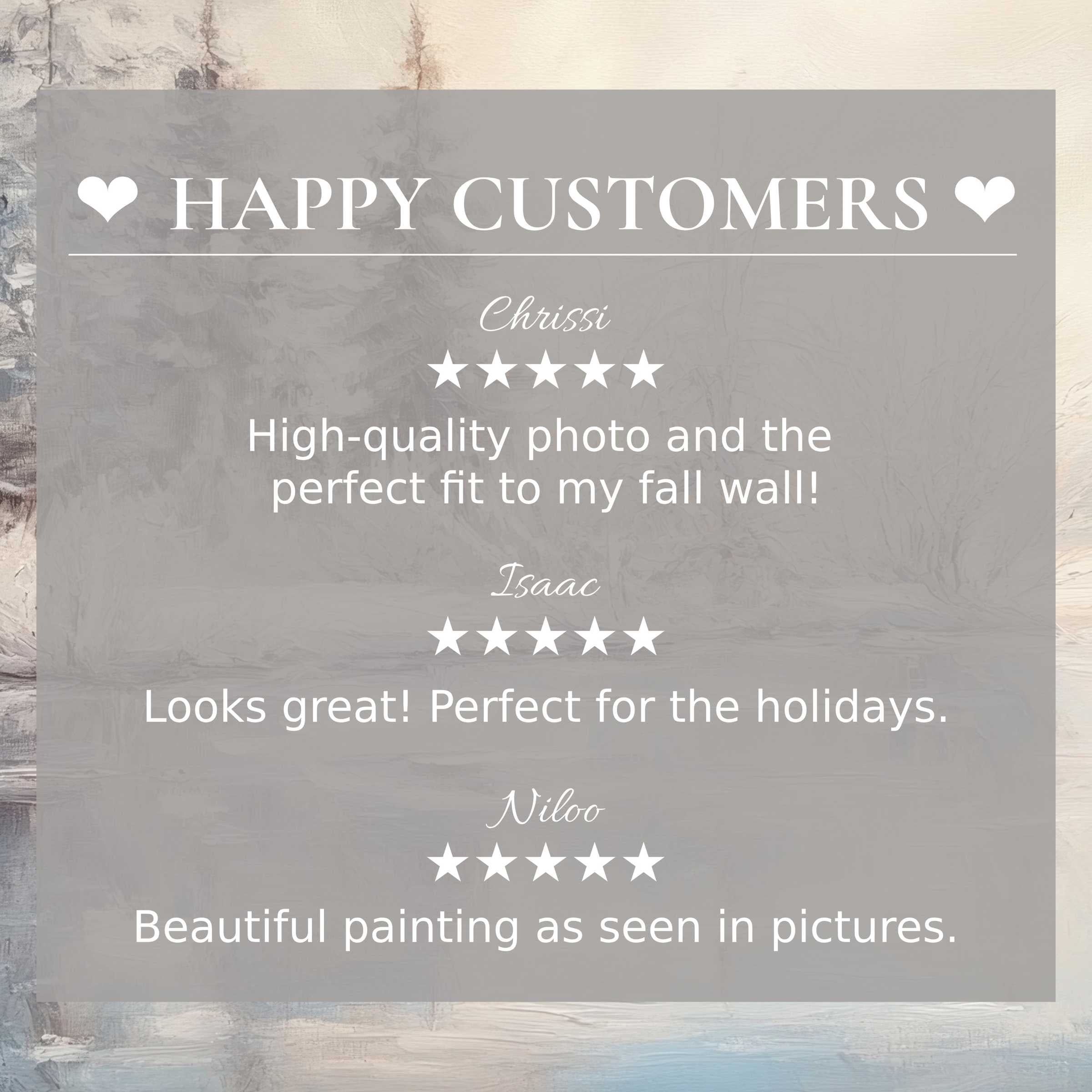 Winter art for Frame TV with soft abstract sunset tones, highlighting happy customer reviews and elegant design appeal