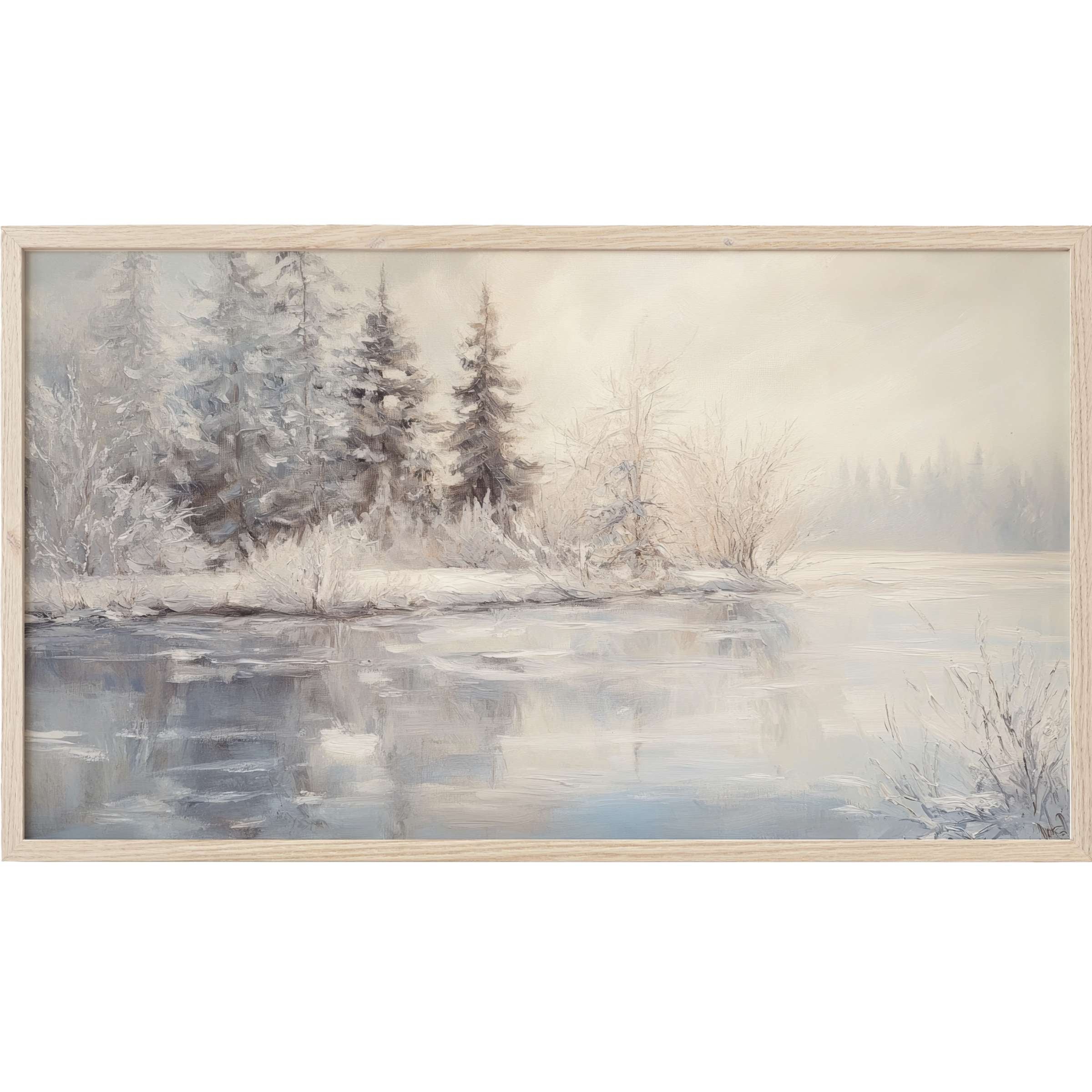 Winter Frame TV Art: serene snowy forest reflected in icy water, soft grays and muted blues in elegant brushstrokes