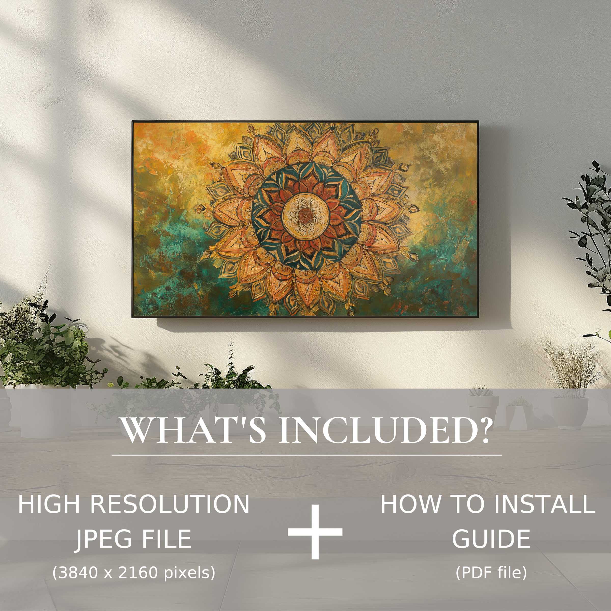 Elegant boho digital TV art download enhances modern living spaces with vibrant mandala design and easy digital setup