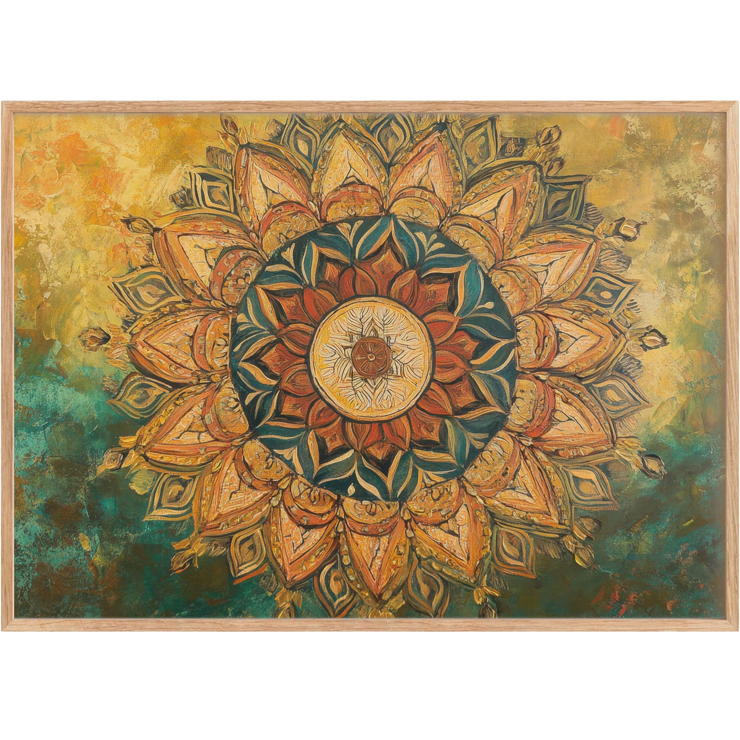 Warm amber and deep teal hues converge in this boho printable wall art, radiating a soulful, grounding ambiance