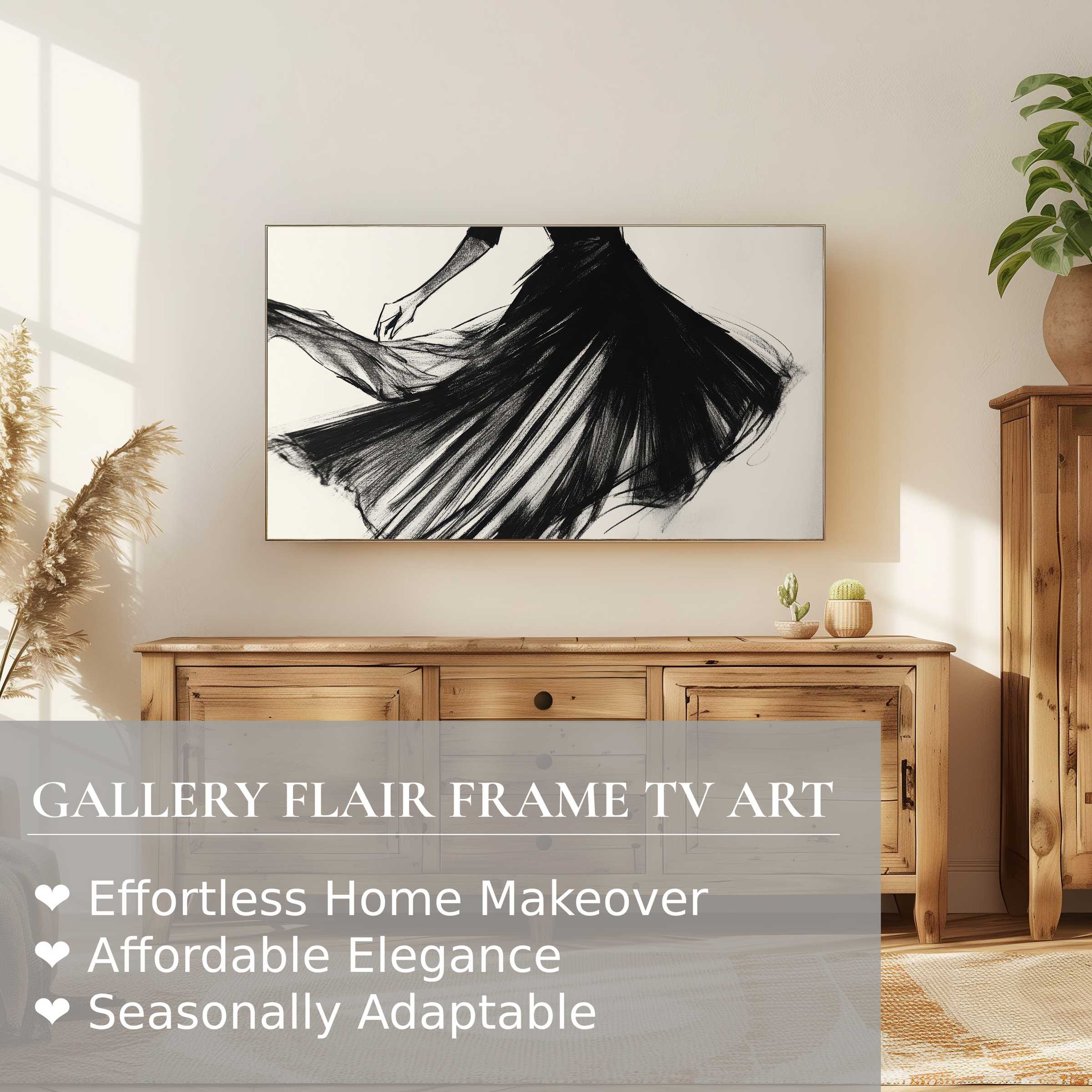 Samsung Frame TV displaying elegant black and white digital artwork of flowing dress in serene modern setting
