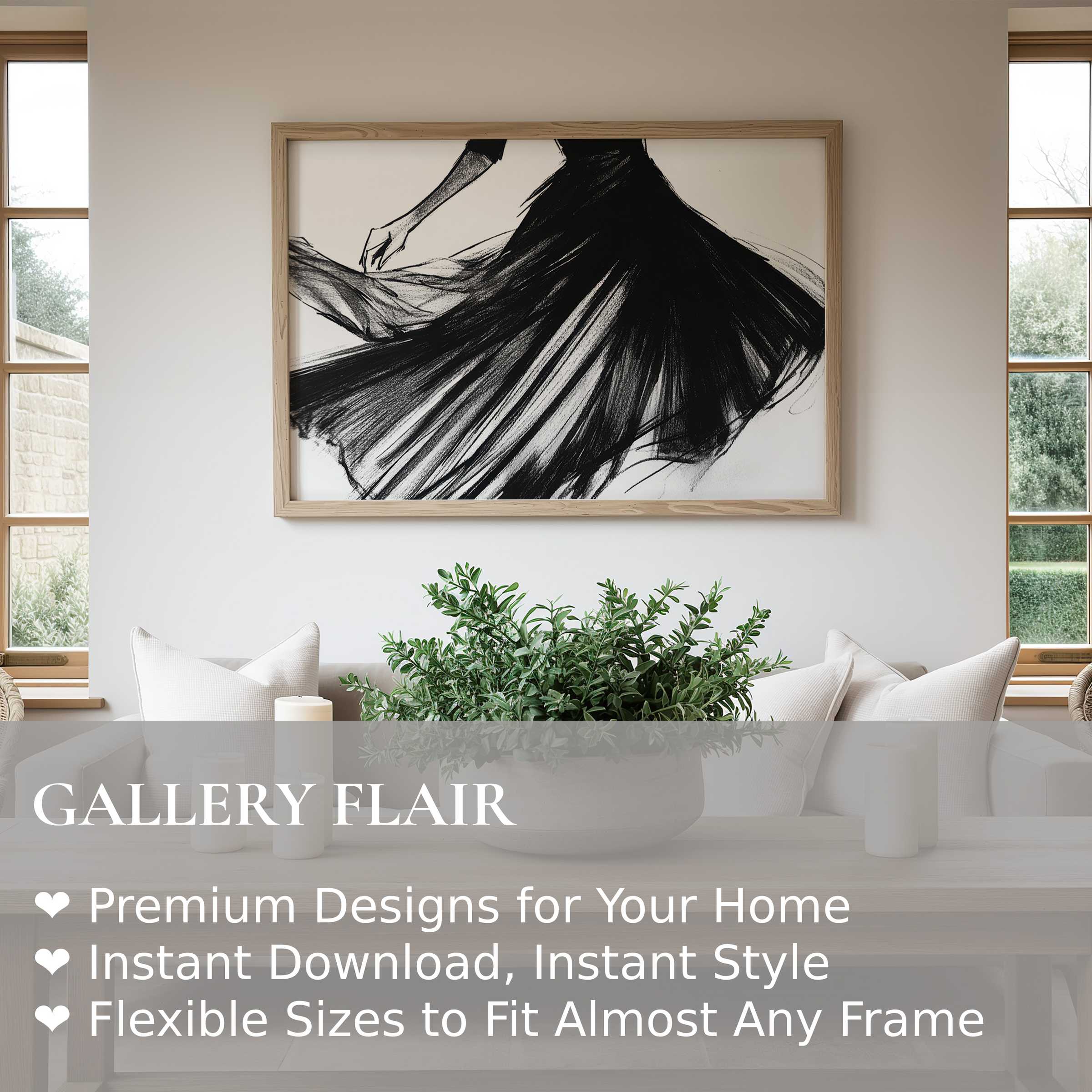 Elegant black and white wall art print capturing flowing motion and grace, uplifting modern minimalist interiors with bold sophistication