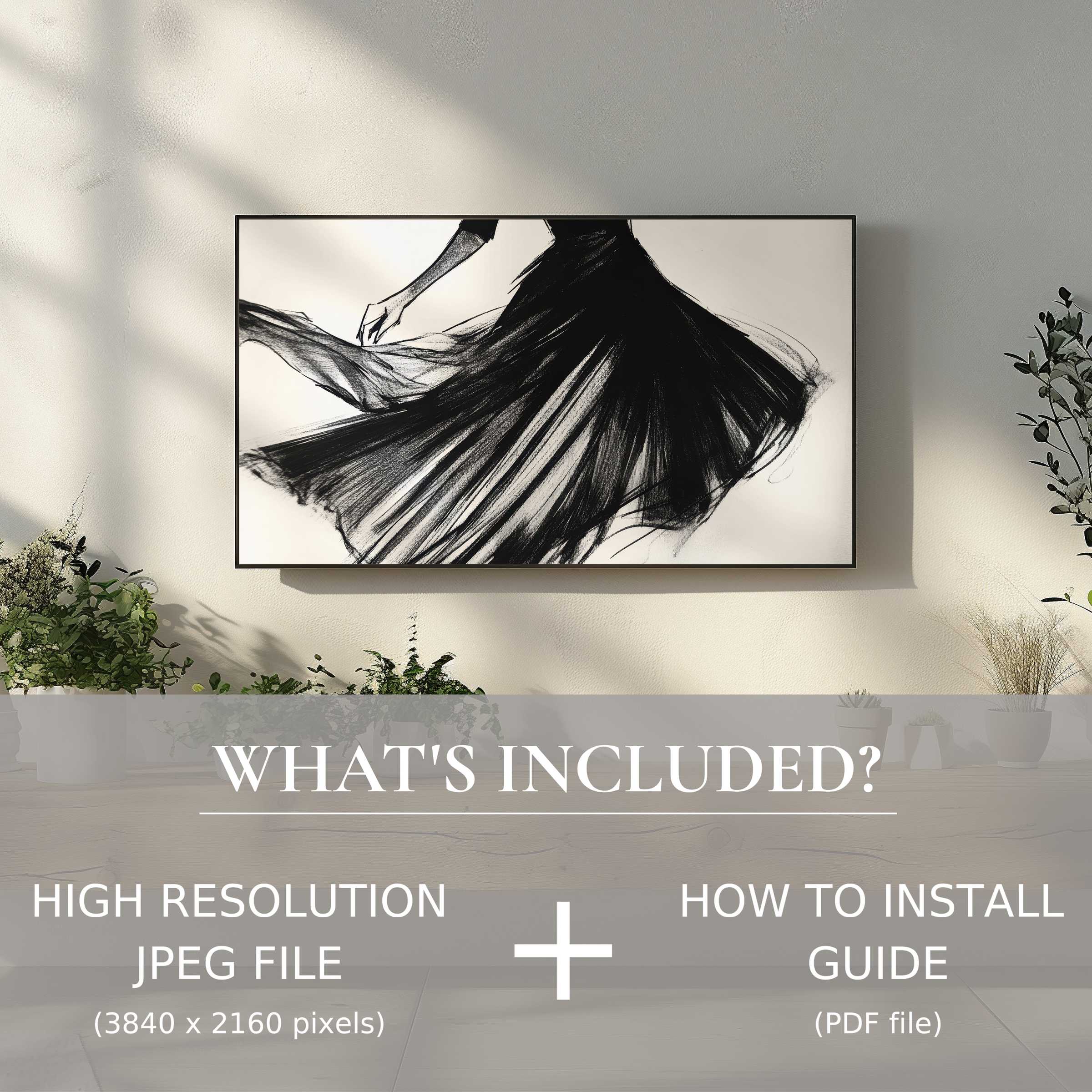 Elegant black and white digital TV art download enhances living space with easy digital use in a stylish modern room