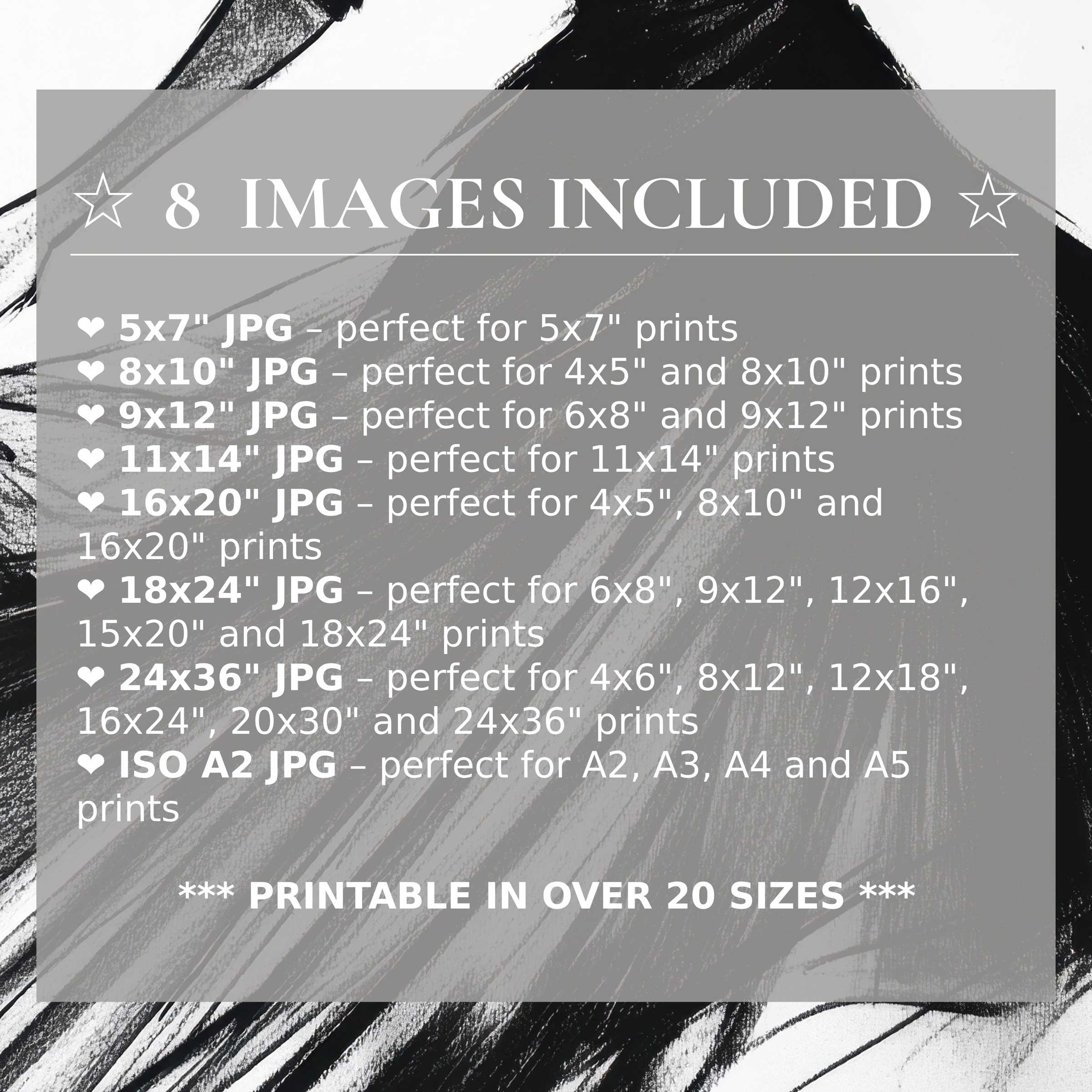 Black and white digital print with bold, radiant strokes in deep black and crisp white, elevating modern interiors with 8 included high-quality sizes for versatile, stylish decor