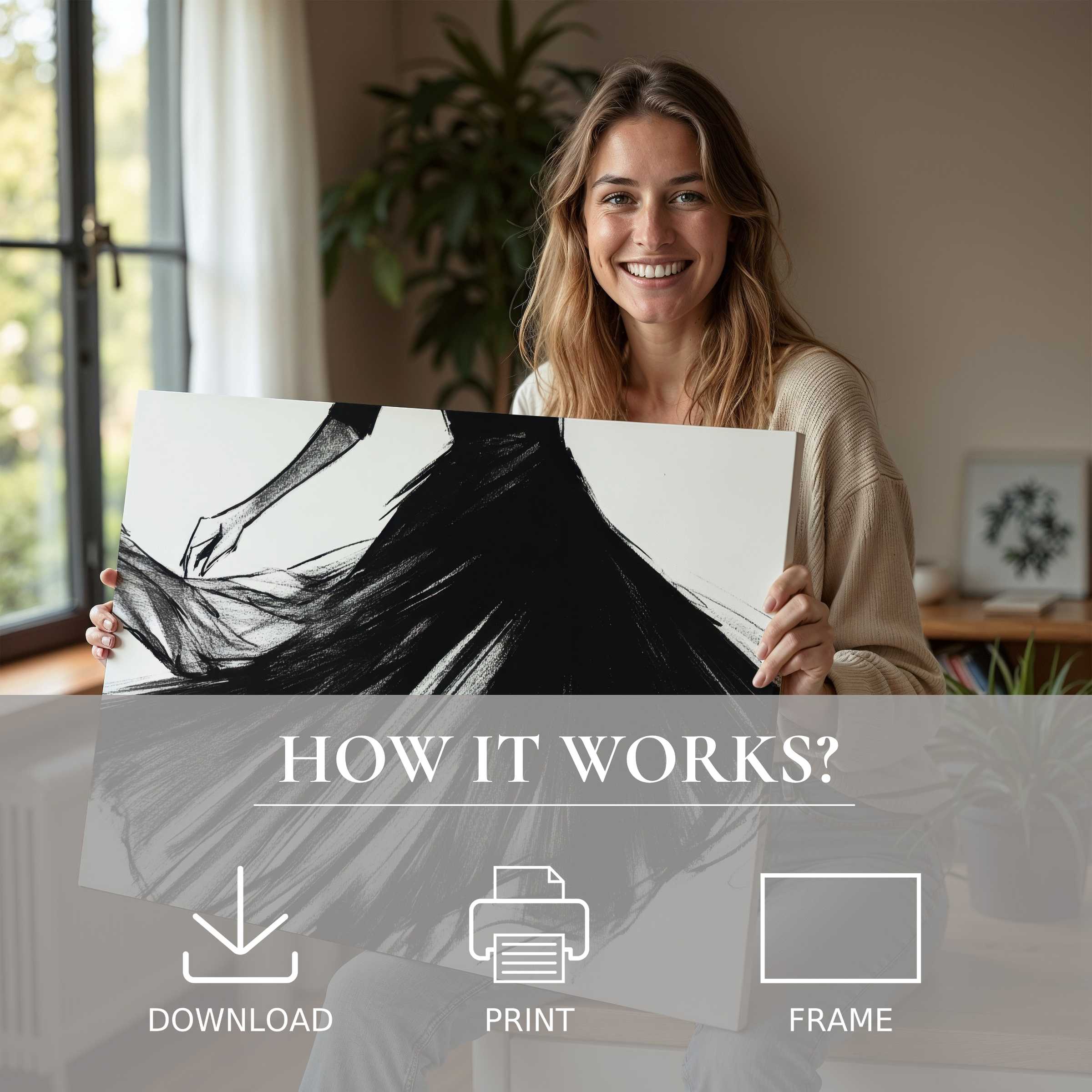 A joyful moment capturing the elegant flow of a black and white digital art print, seamlessly enriching a modern home