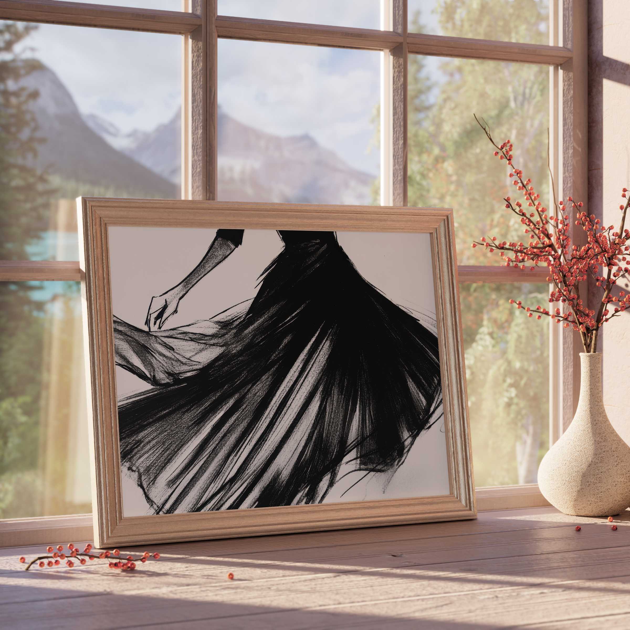 Graceful black and white downloadable art capturing fluid movement in a flowing dress, perfect for curated, serene interiors