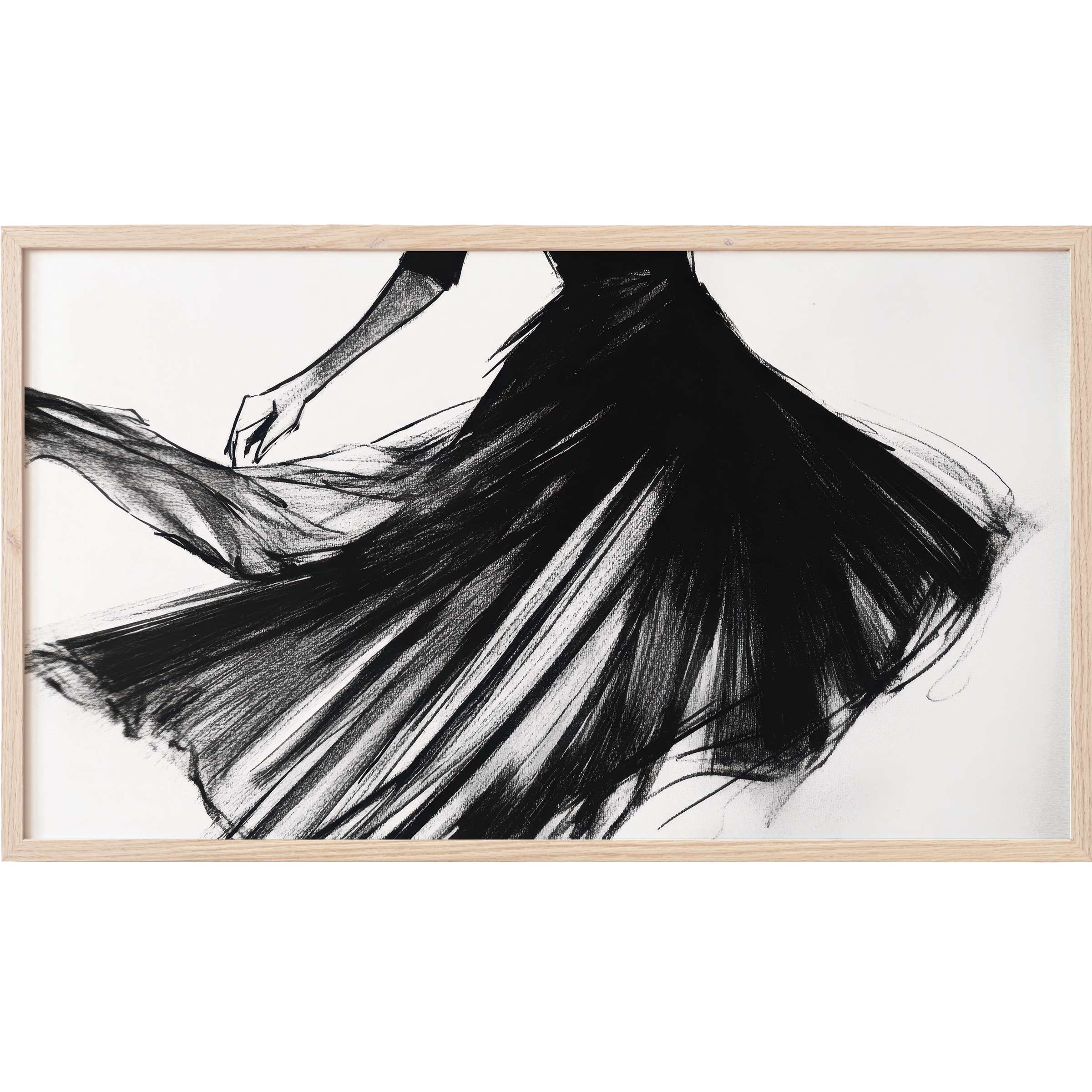 Elegant black and white Frame TV Art of a flowing dress in motion, capturing grace with modern, expressive strokes