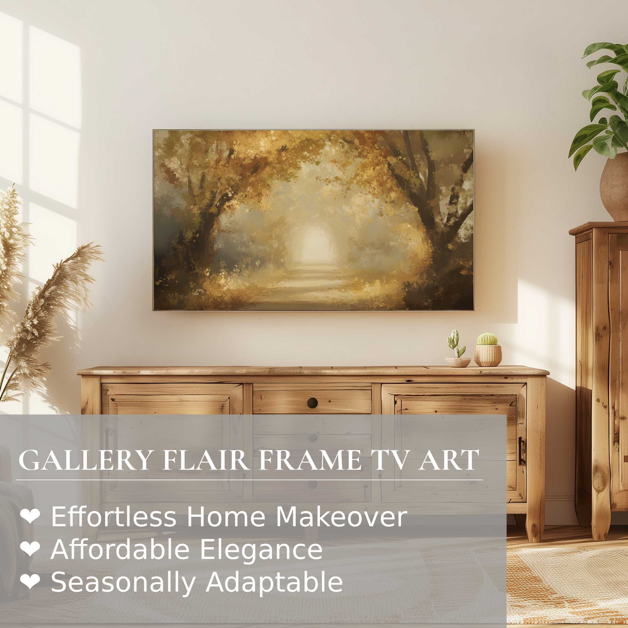 Elegant fall digital artwork on Samsung Frame TV, blending warm autumn tones with modern, natural home decor