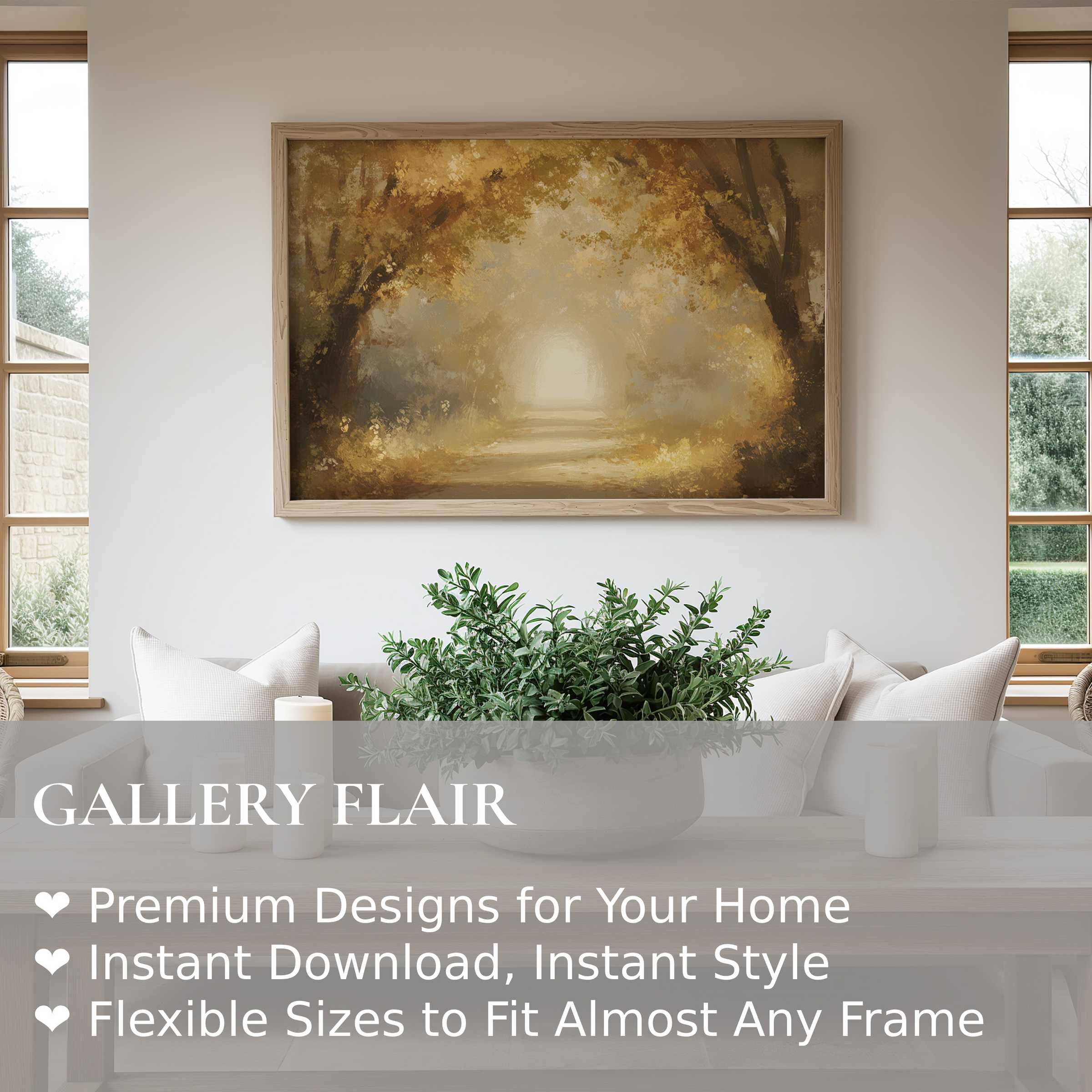 Fall wall art print featuring a radiant golden forest path, enhancing modern minimalist interiors with warm, inviting autumn ambiance