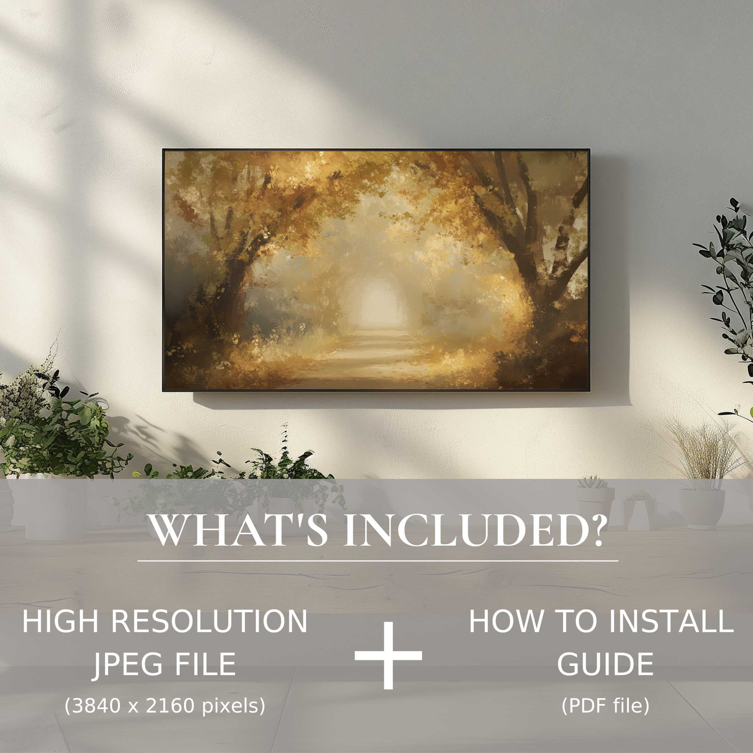 Elegant fall digital TV art download enhances serene living spaces with easy, stylish digital use and warm autumn hues