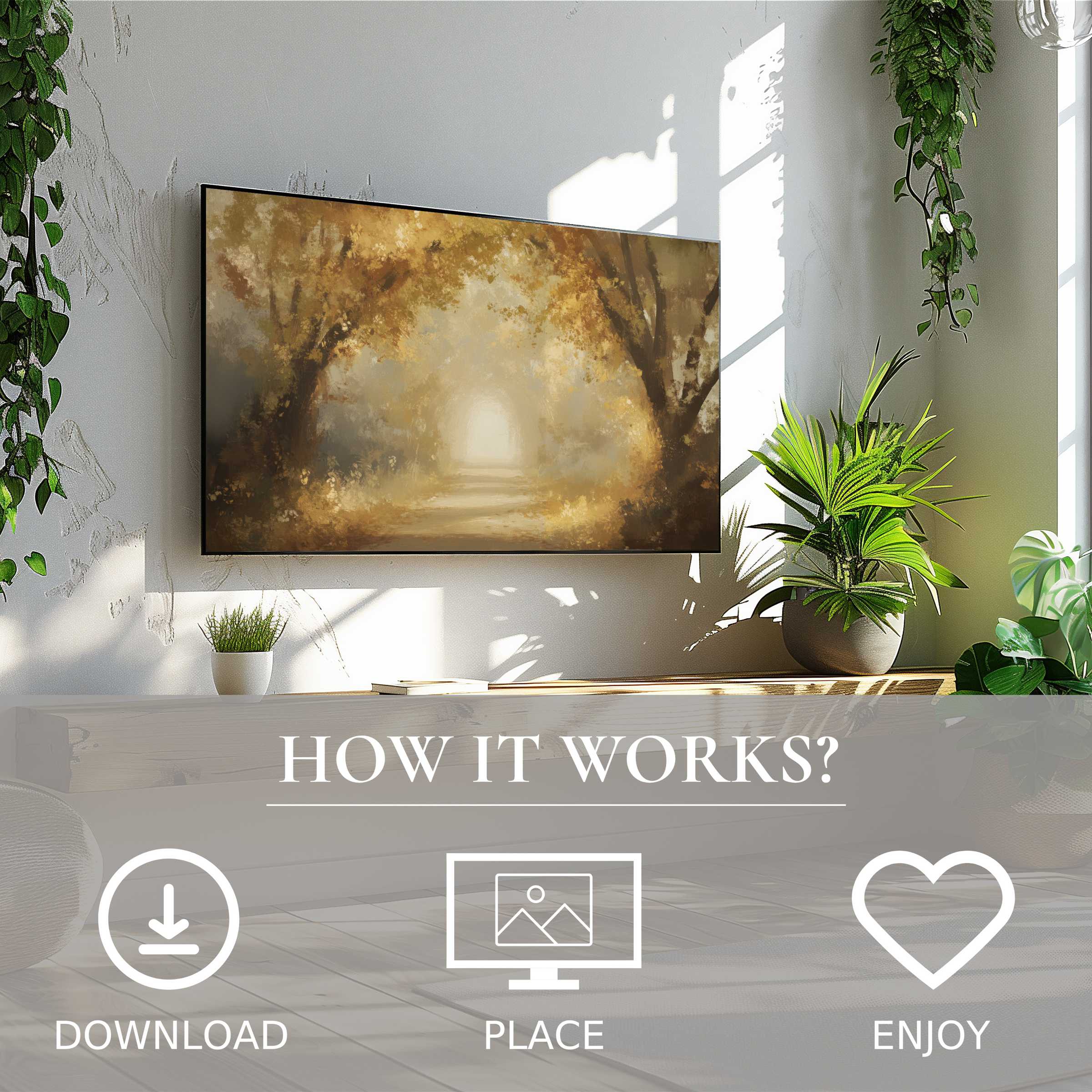 Fall art for Samsung TV shows soft sunset tones on The Frame, easy digital download enriches stylish living spaces