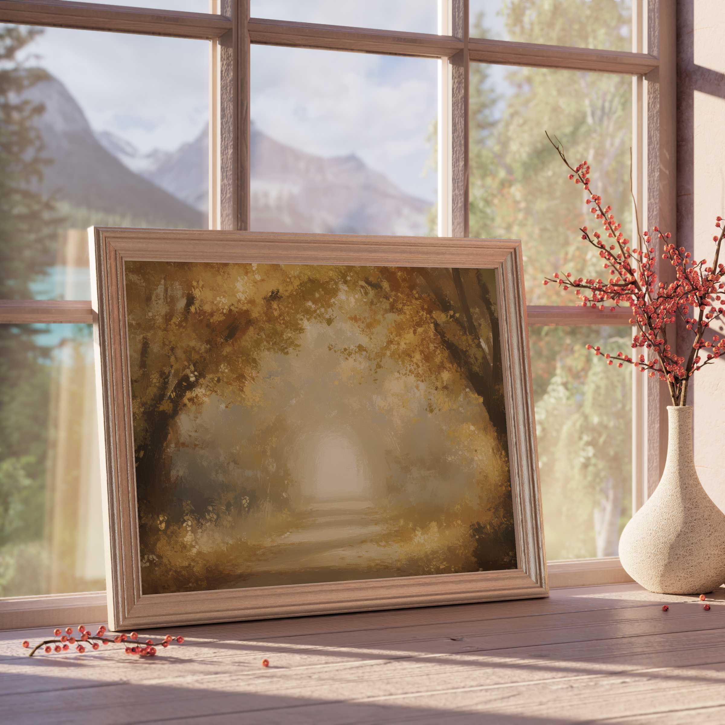 Fall downloadable art capturing a serene woodland path bathed in warm golden hues, perfect for tranquil, curated modern interiors
