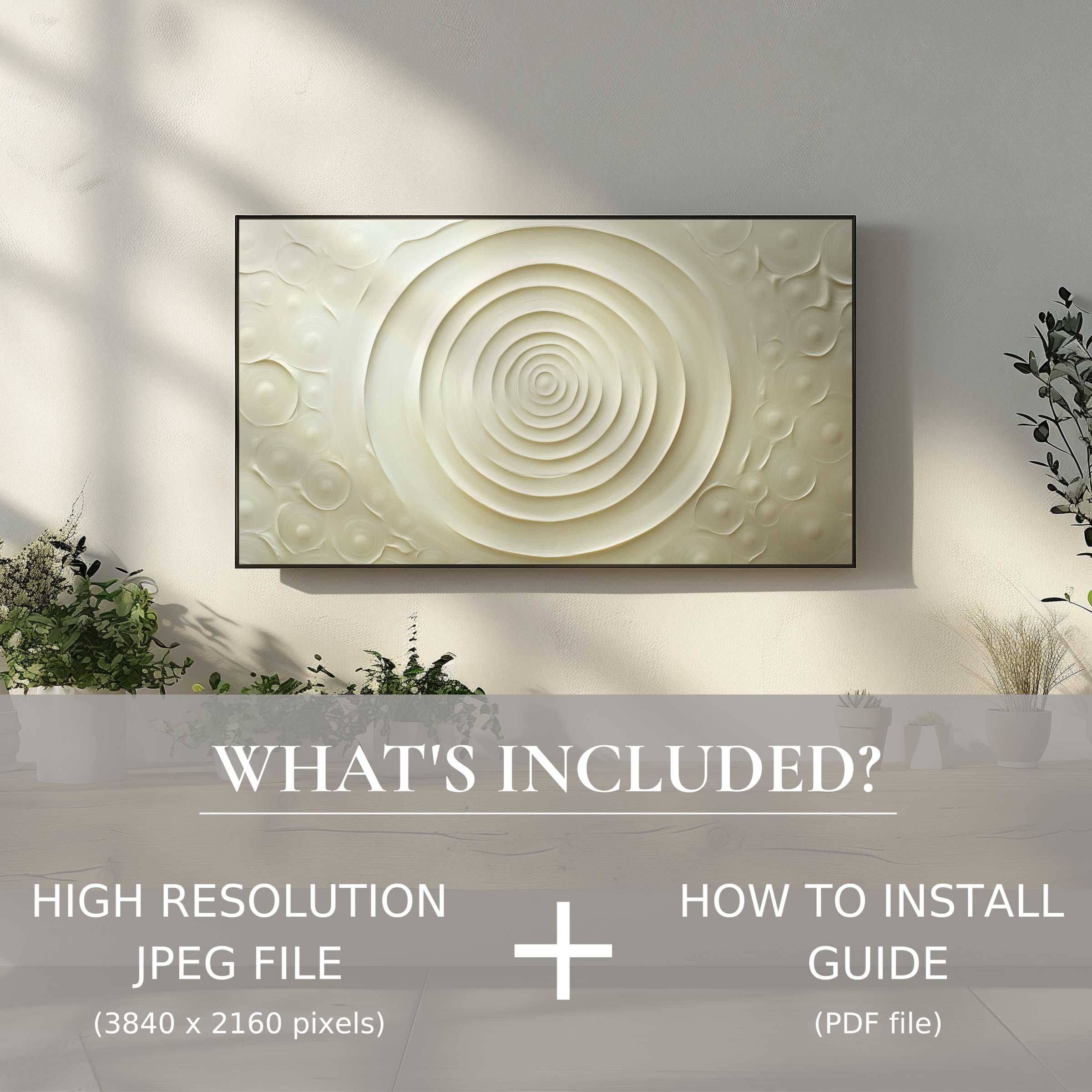 Elegant neutral digital TV art download with easy use, enhancing modern living spaces with subtle, textured design