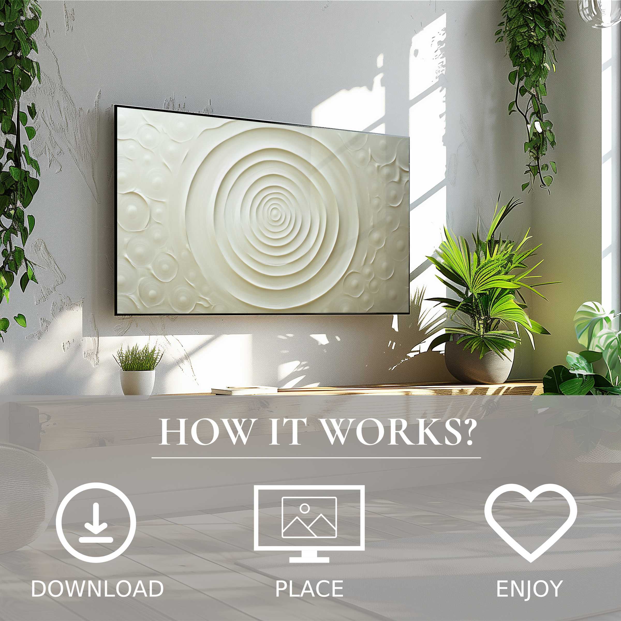 Neutral art for Samsung TV shows soft beige spiral motif, easy digital download, enhancing modern living with calm simplicity