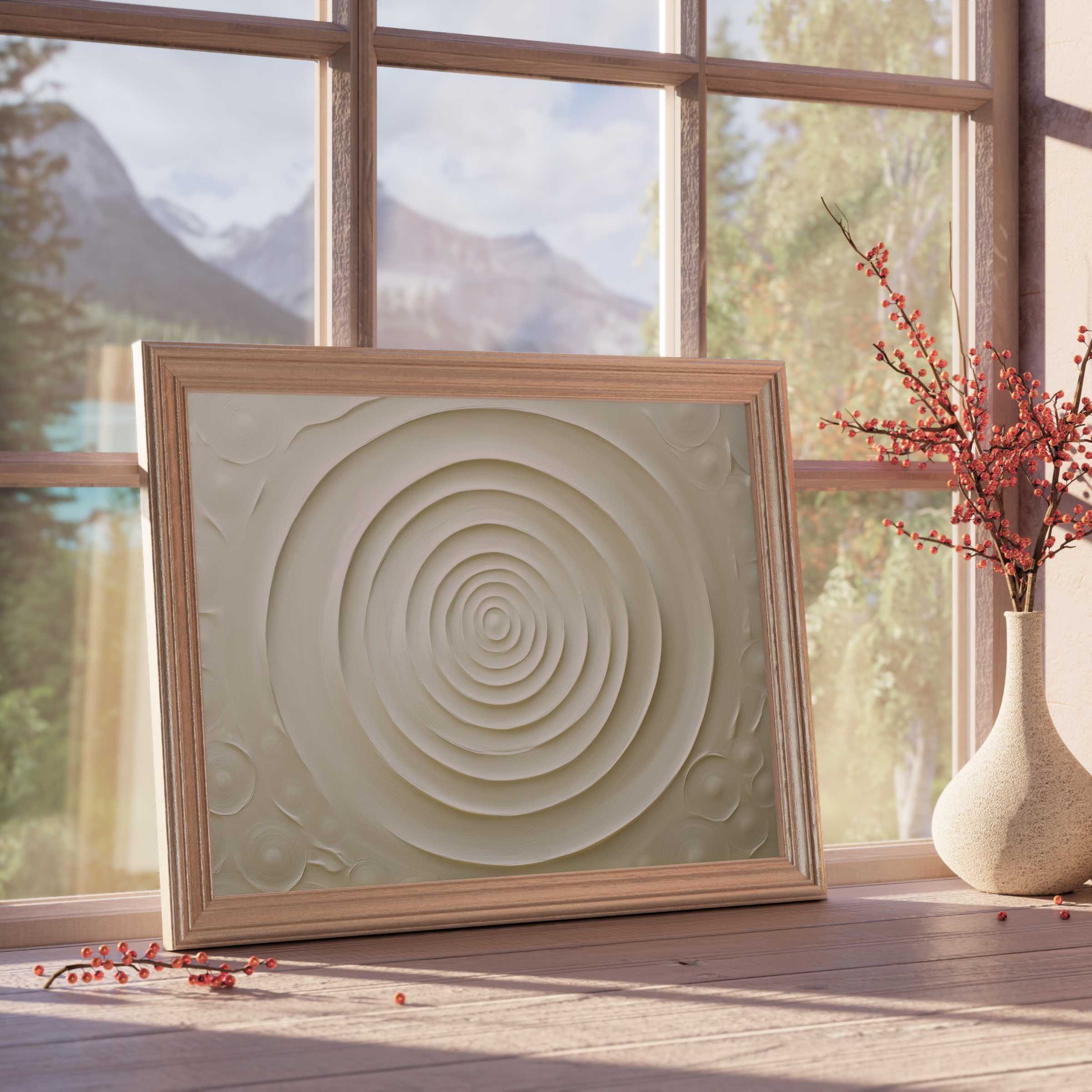 Serene neutral downloadable art with concentric textures, enhancing tranquil, curated interiors with timeless, modern elegance
