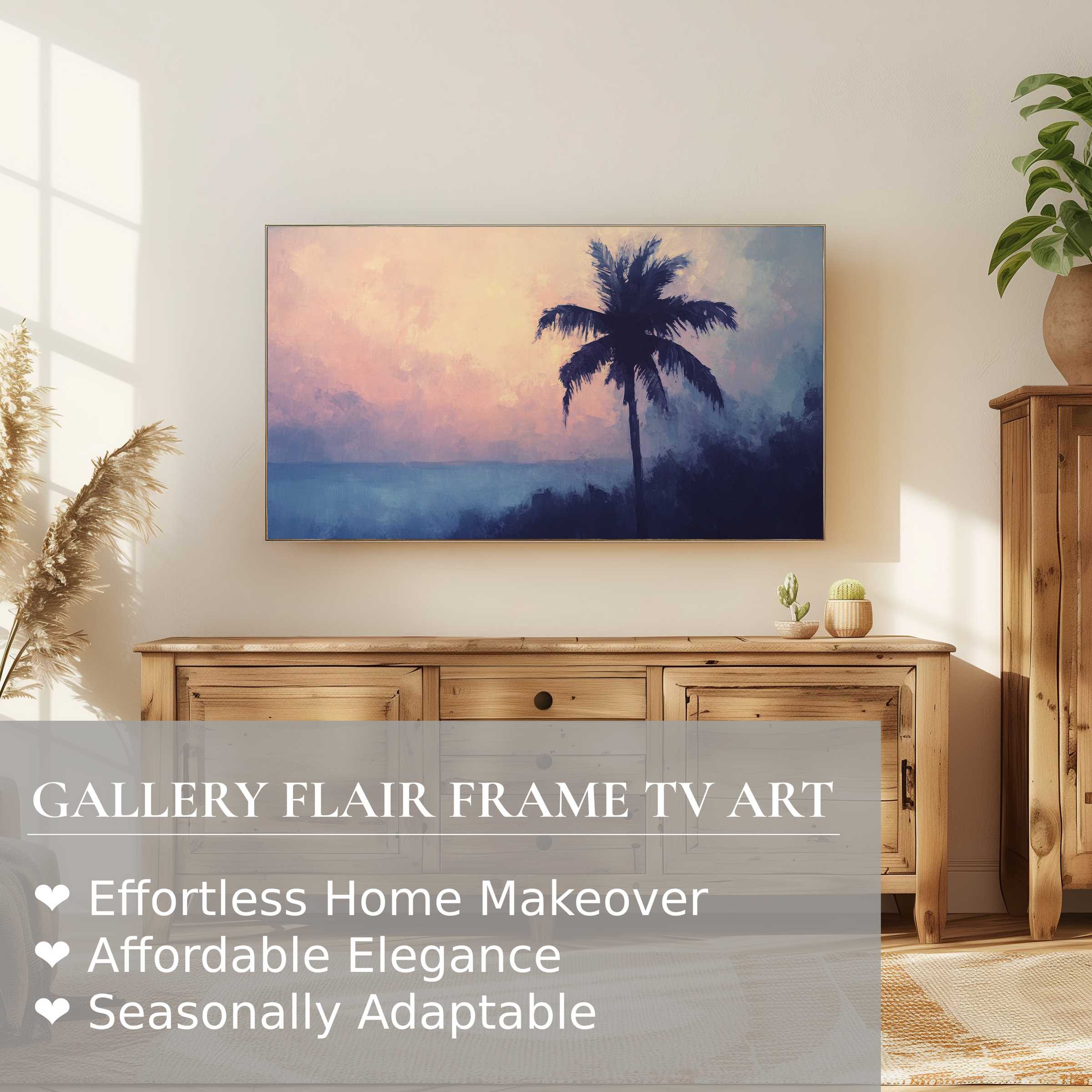 Samsung Frame TV showcasing serene summer digital artwork with modern coastal style in elegant living space