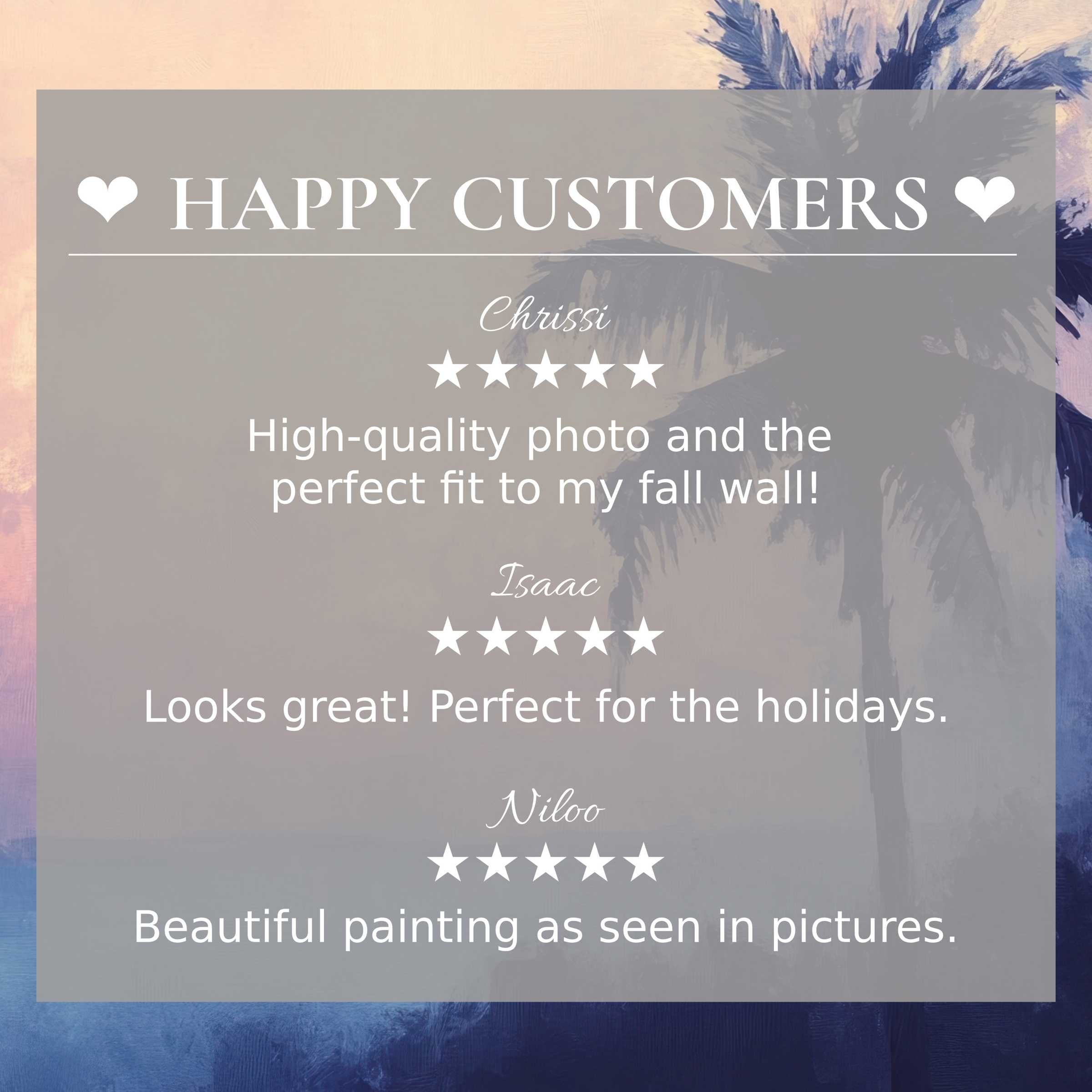 Happy customer reviews highlight elegant summer art for Frame TV with abstract sunset hues and serene palm imagery