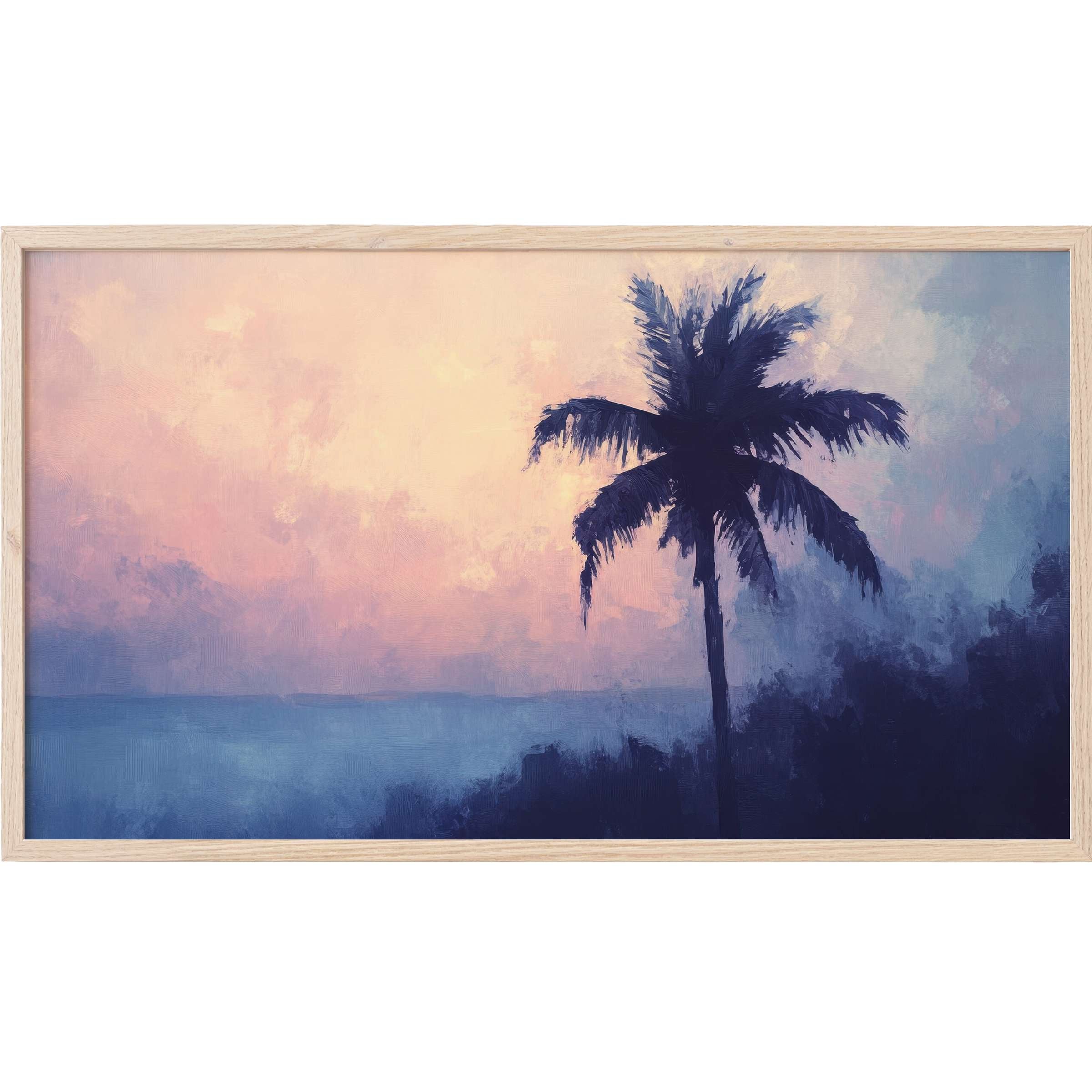 Elegant summer Frame TV Art depicting a serene palm silhouette against soft pastel sunset hues in a modern painterly style
