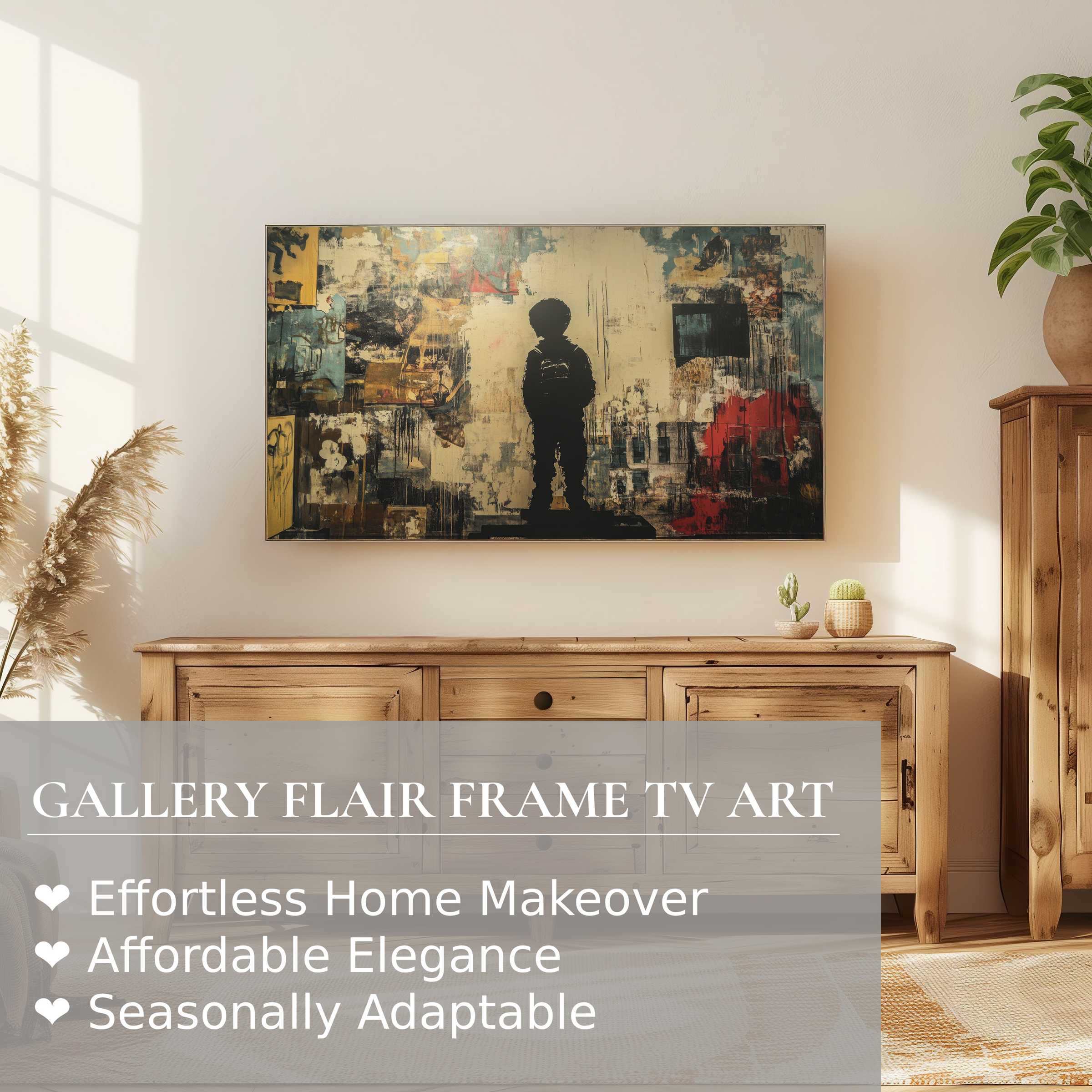 Modern rustic living room with Samsung Frame TV displaying street art digital artwork in muted urban tones