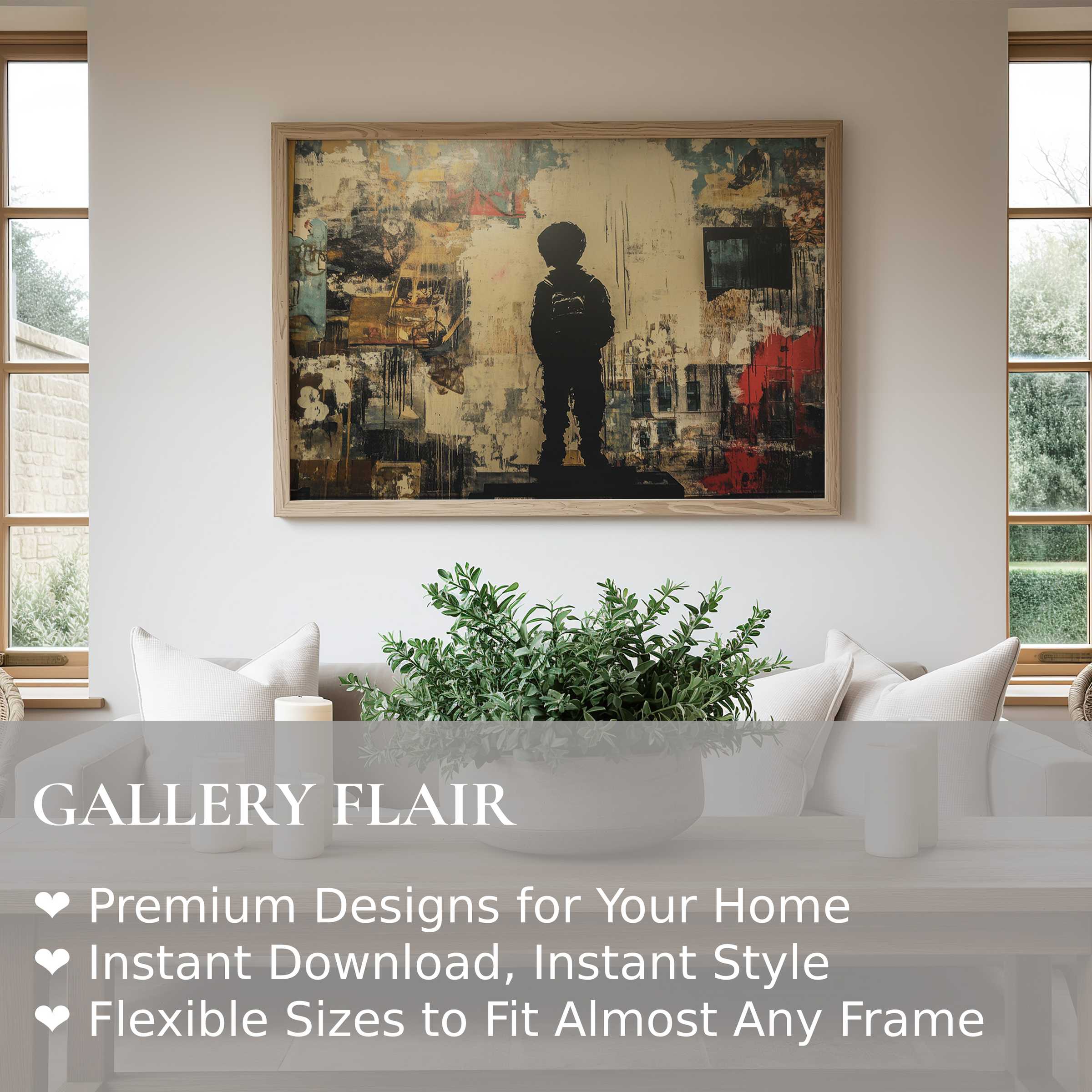 Bold street art wall art print featuring a solitary child silhouette in a textured urban abstract setting, enhancing modern minimalist interiors with edgy, contemplative allure