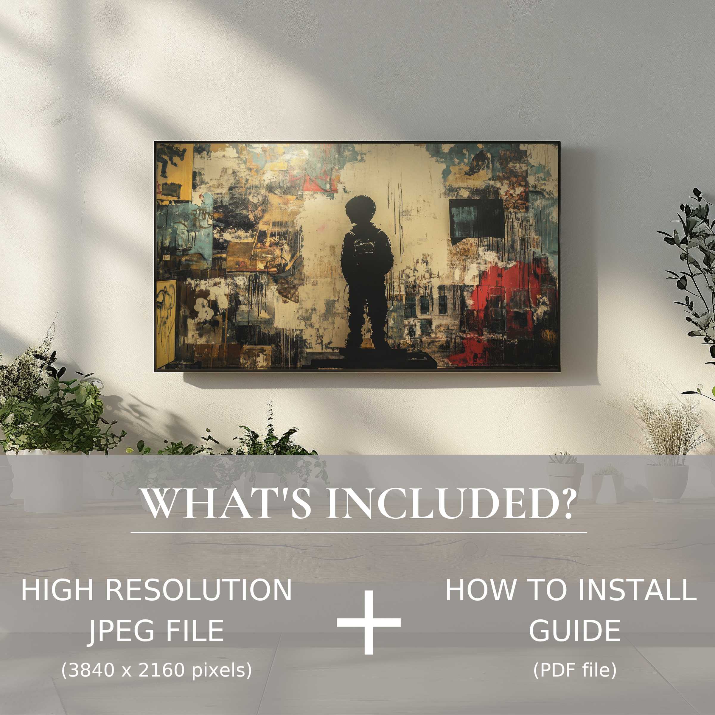 Chic living space enhanced with street art digital TV art download, easy digital use for stylish modern decor