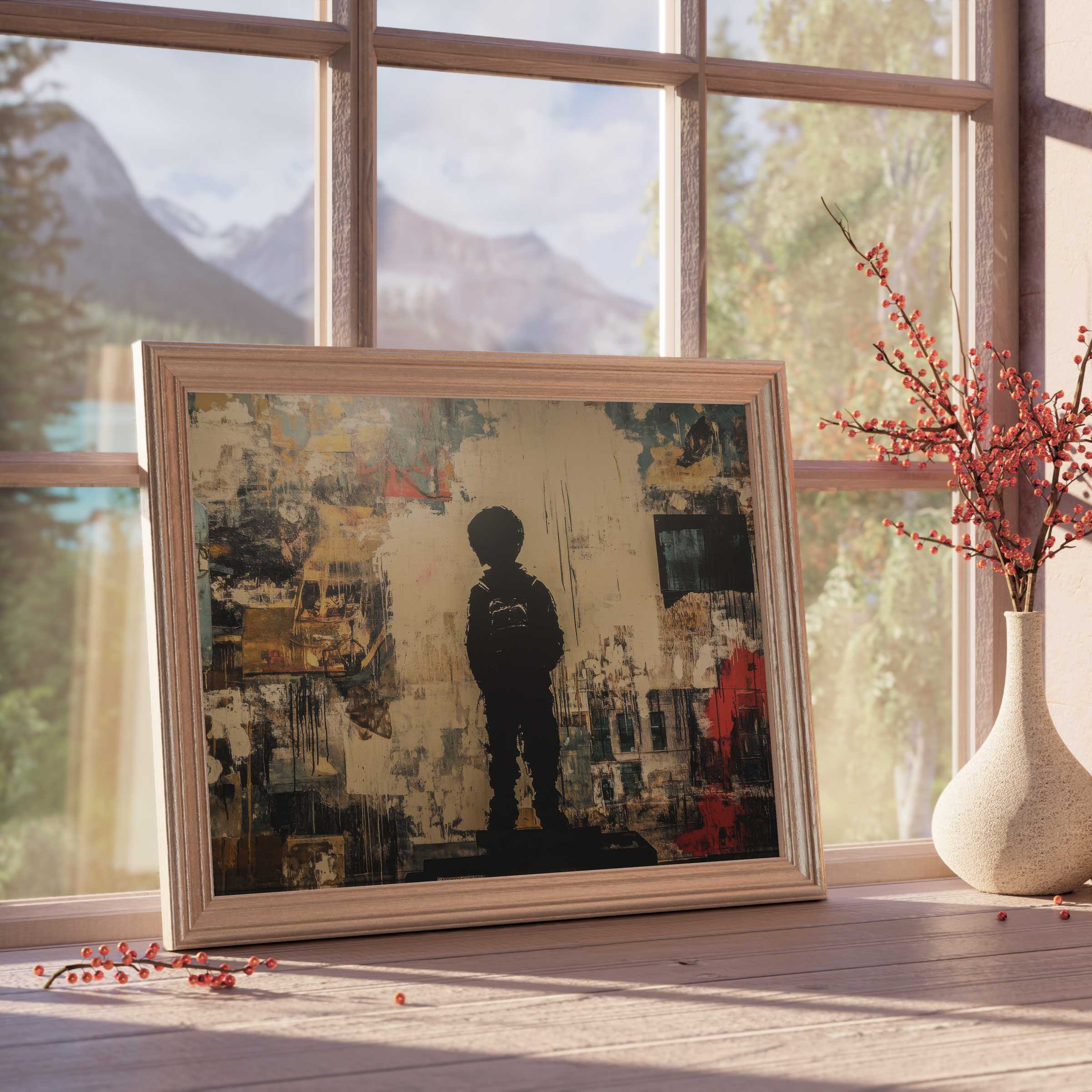 Moody street art downloadable art featuring a contemplative child silhouette, perfect for curated, tranquil, and design-forward interiors