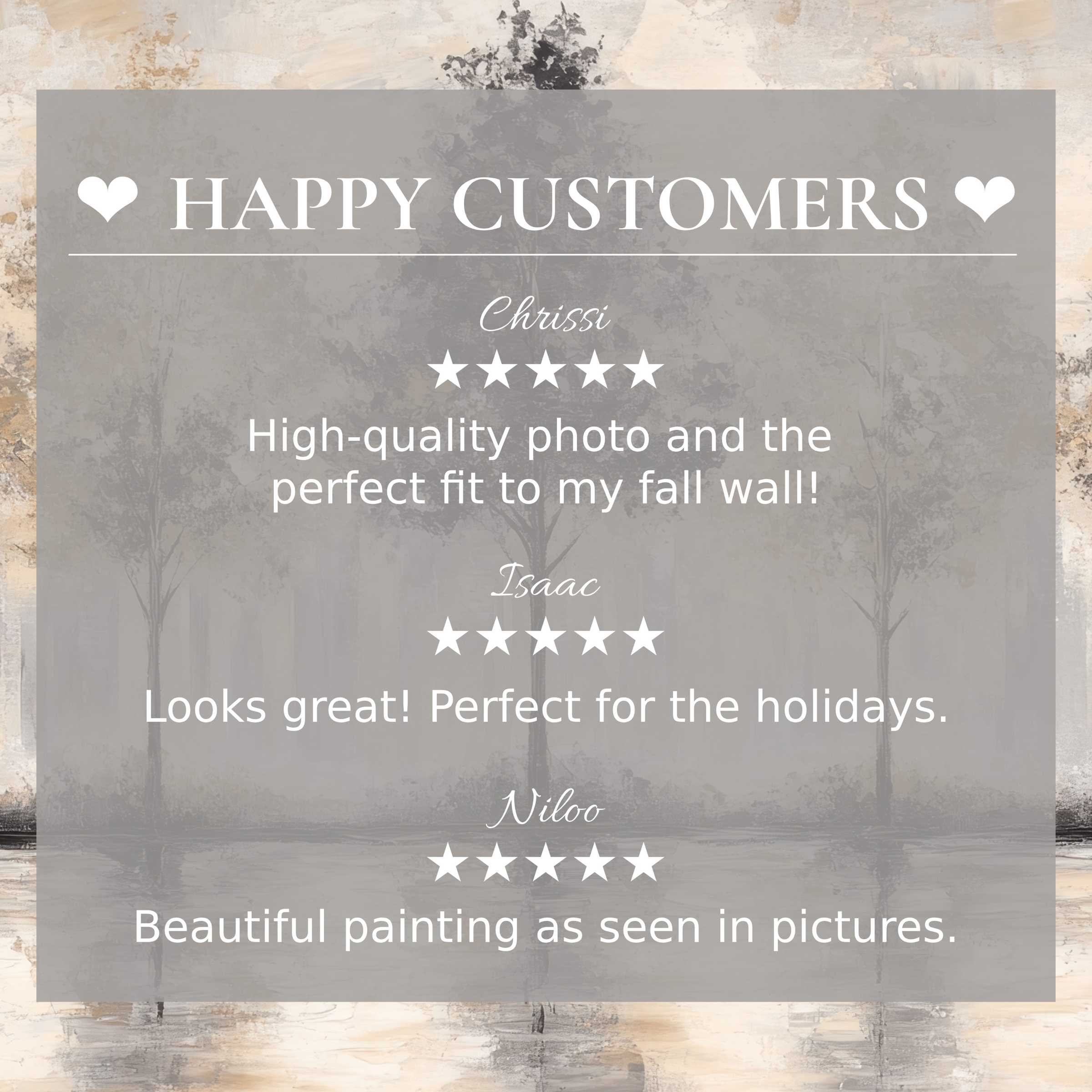 Trees art for Frame TV with muted sunset hues, showcasing happy customer reviews that build trust and reflect elegance