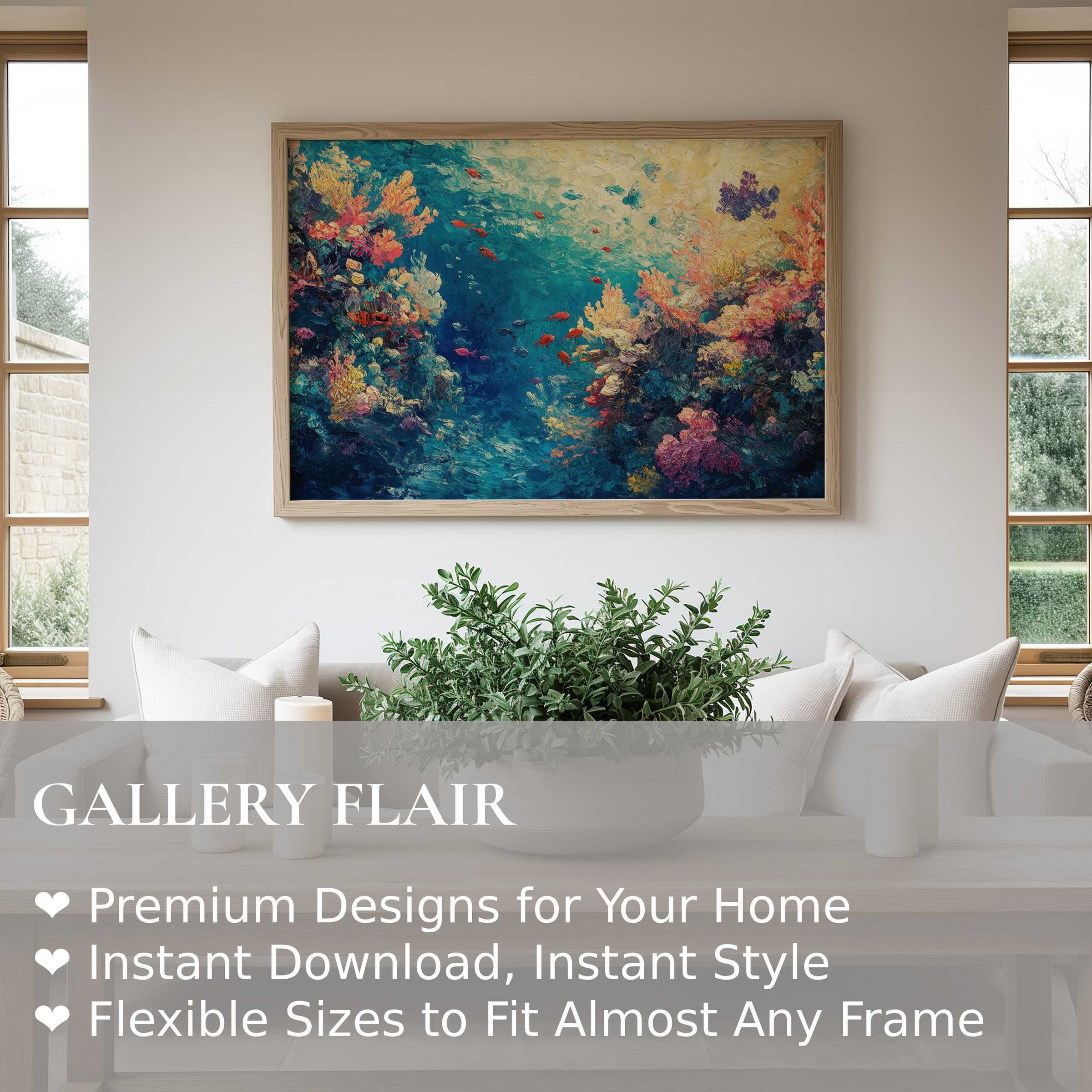 Coastal wall art print capturing vibrant coral reefs and tropical fish in rich blues and warm hues, enhancing serene modern living spaces