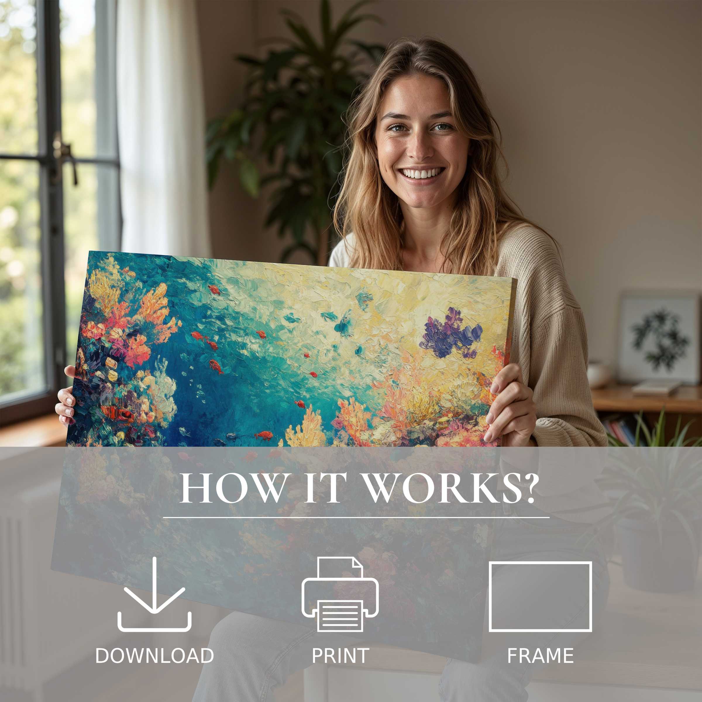 Coastal digital art print embraced in a sunlit modern home, inspiring joyful connection through vibrant ocean hues
