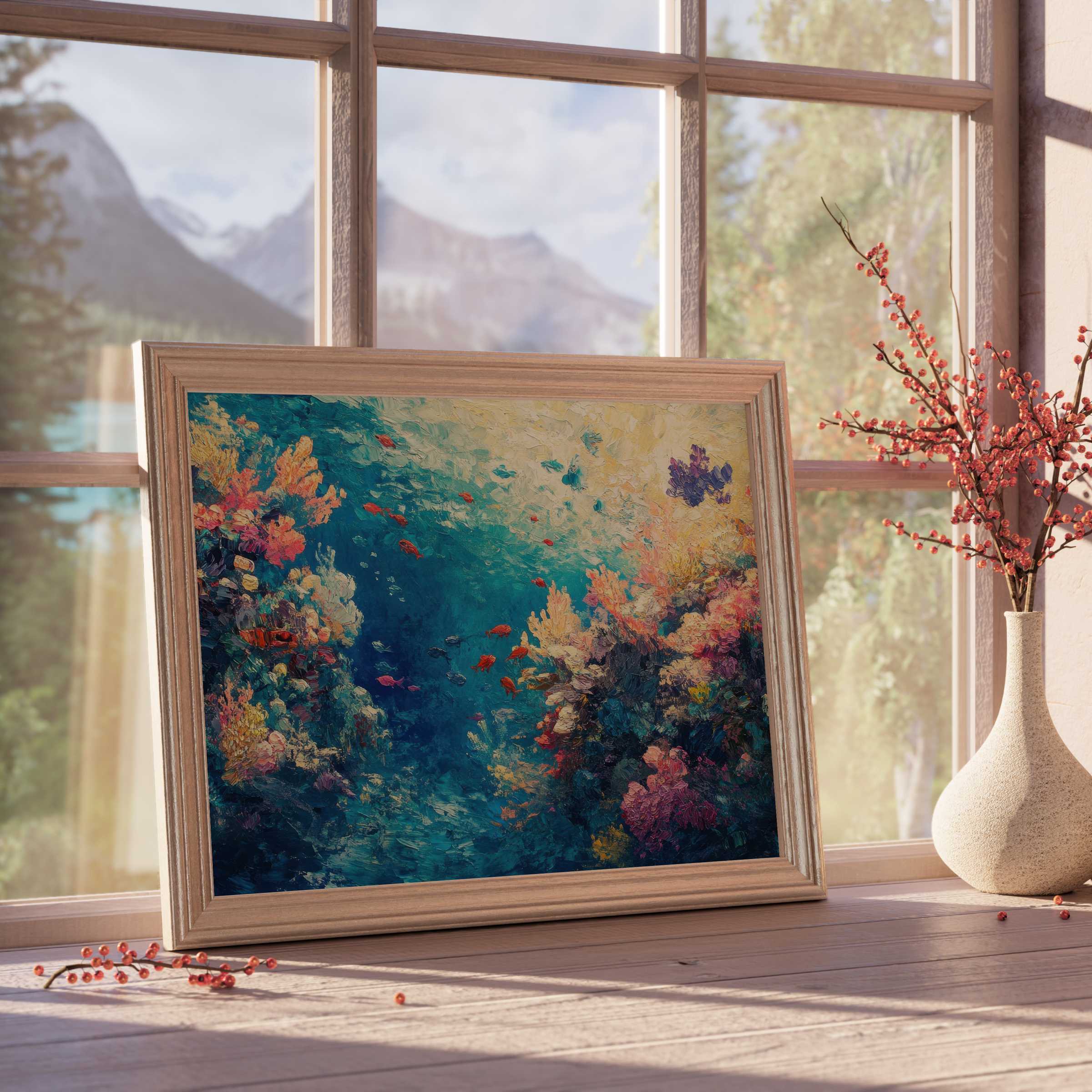 Coastal downloadable art capturing vibrant coral reefs and serene marine life, perfect for tranquil, design-forward interiors
