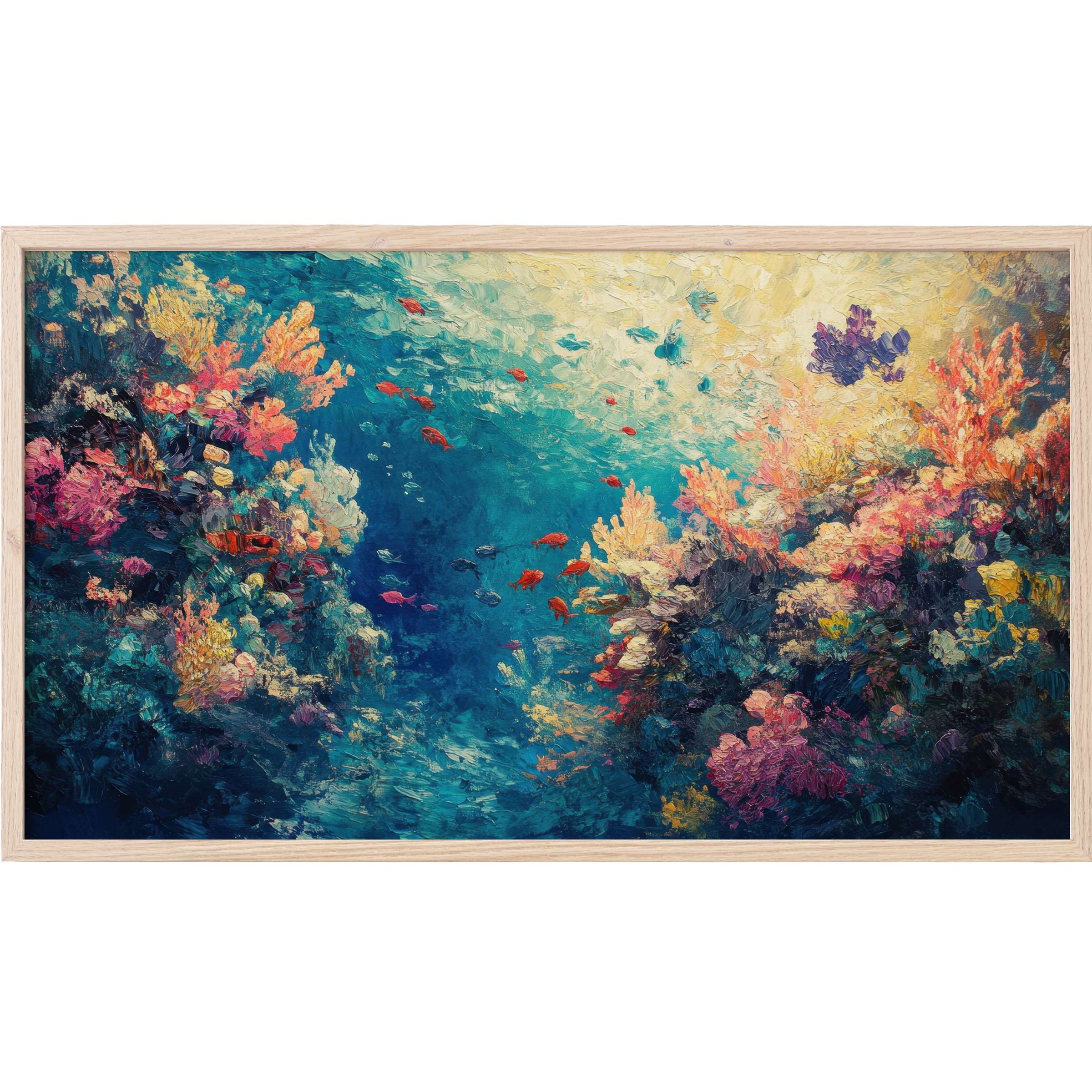 Vibrant underwater coral reef in rich blues, pinks, and yellows with small fish, coastal Frame TV Art