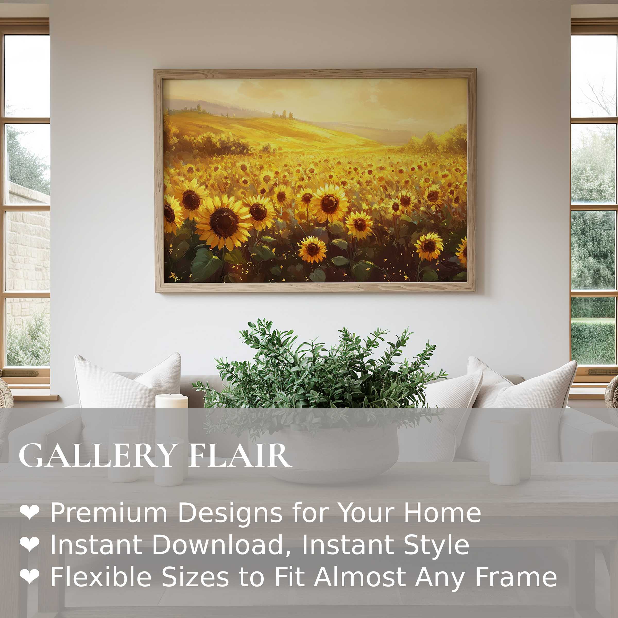 Radiant landscape wall art print of a sunlit sunflower field, elevating this modern minimalist living room with warm, natural elegance