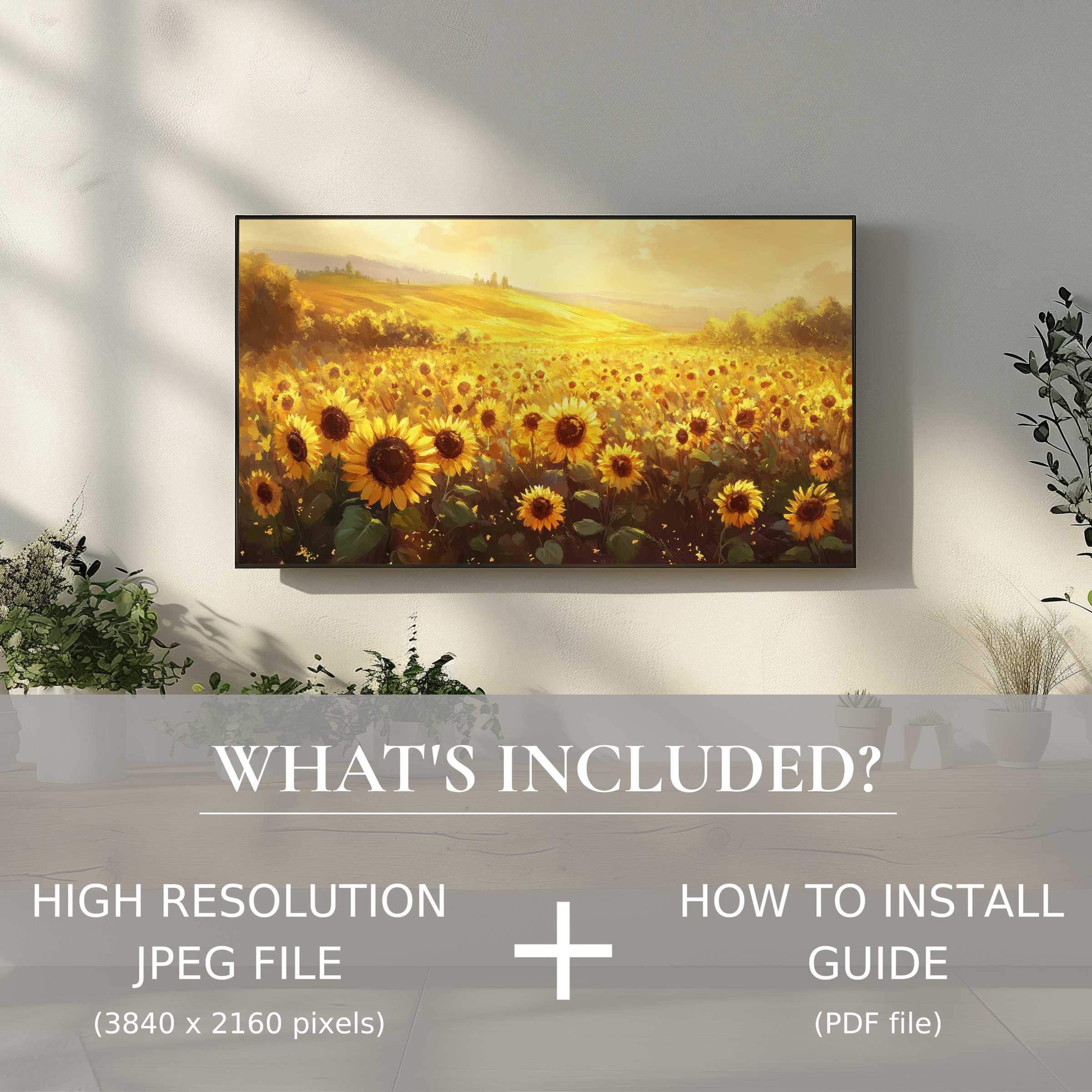 Elegant landscape digital TV art download showcasing warm sunflowers, enhancing living spaces with easy digital use