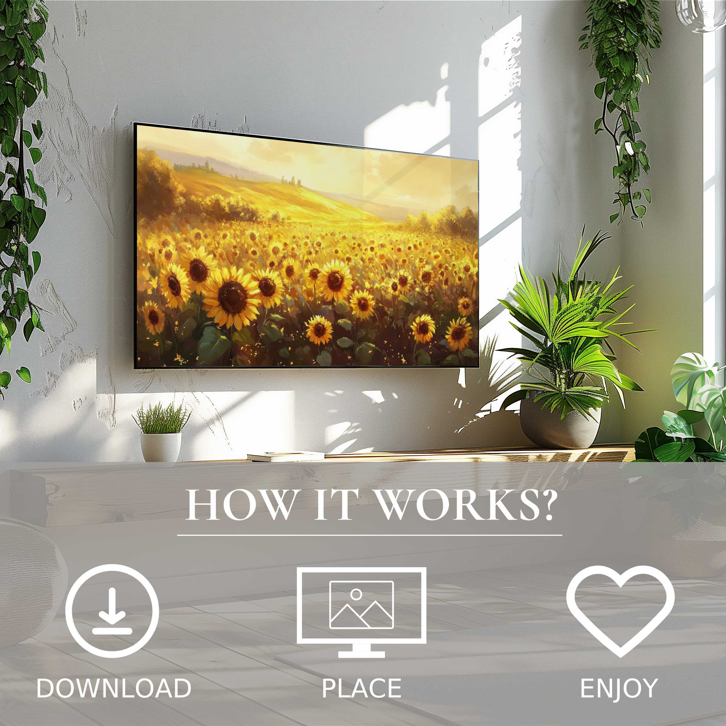 Modern living room with plants features landscape art for Samsung TV depicting warm sunflower field, easy digital download