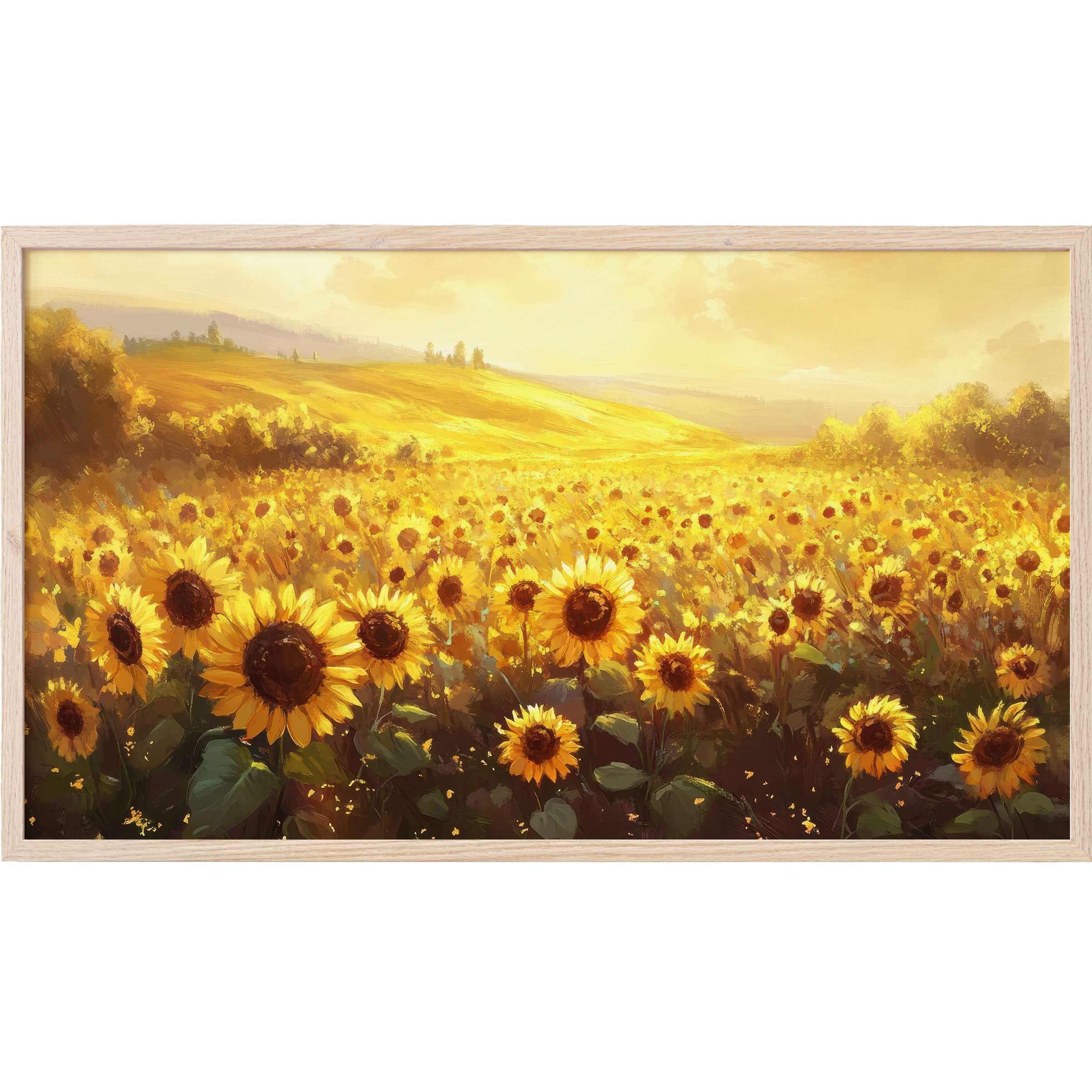 Radiant sunflower field bathed in golden light, soft brushstrokes evoke warmth and depth in landscape Frame TV Art