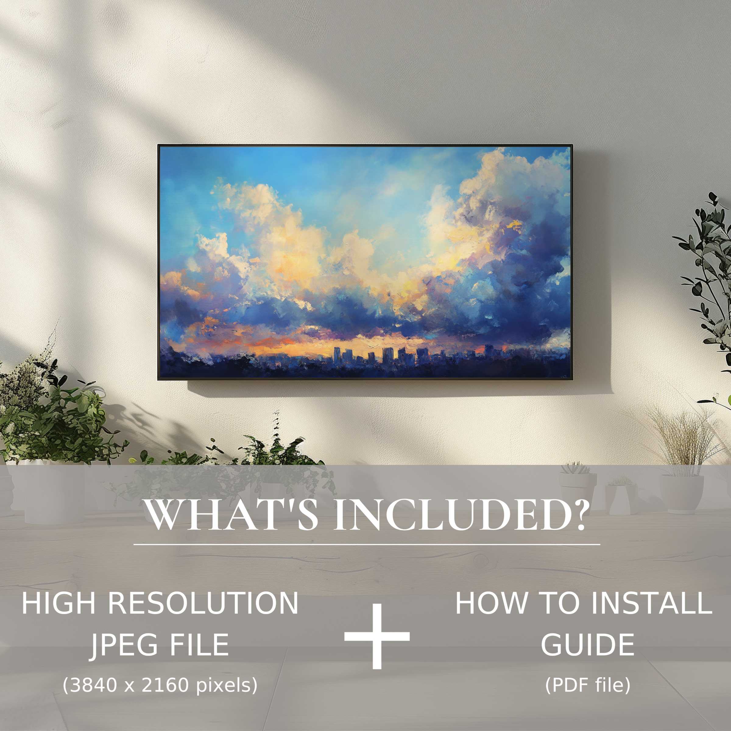Elegant urban digital TV art download with easy setup enhances modern living spaces with vibrant cityscape skies