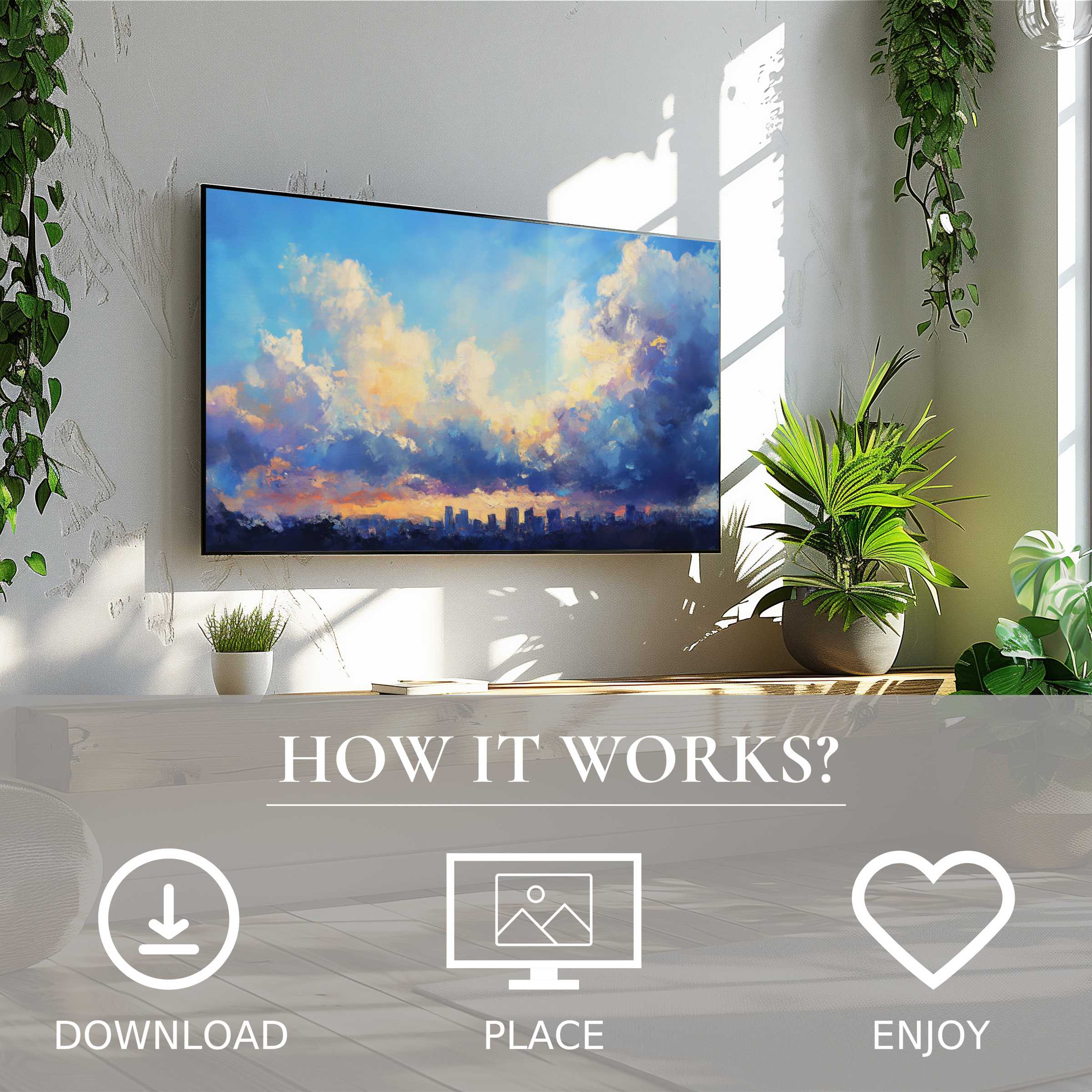 Urban art for Samsung TV shows soft sunset tones, easy digital download enriches modern living spaces with vibrant sky motif