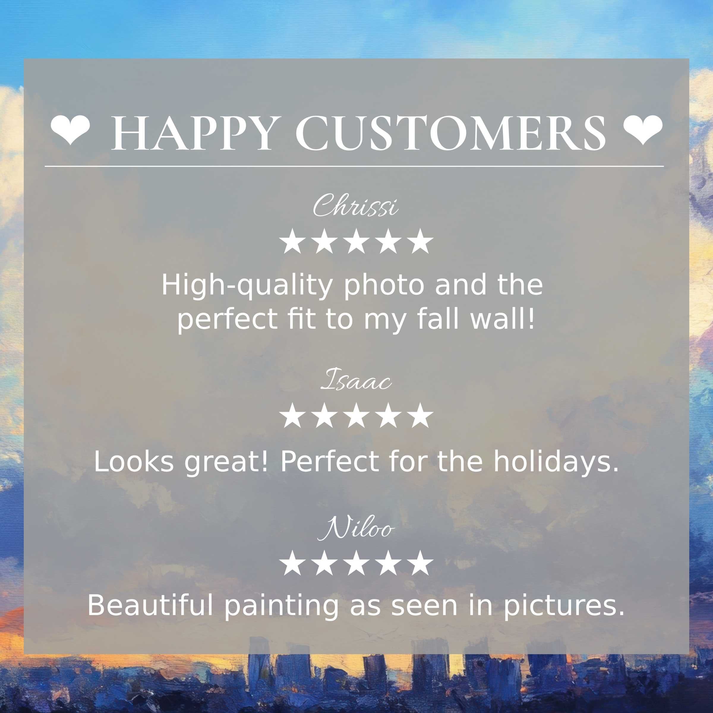 Urban art for Frame TV with abstract sunset hues, showcasing happy customer reviews and elegant design trust