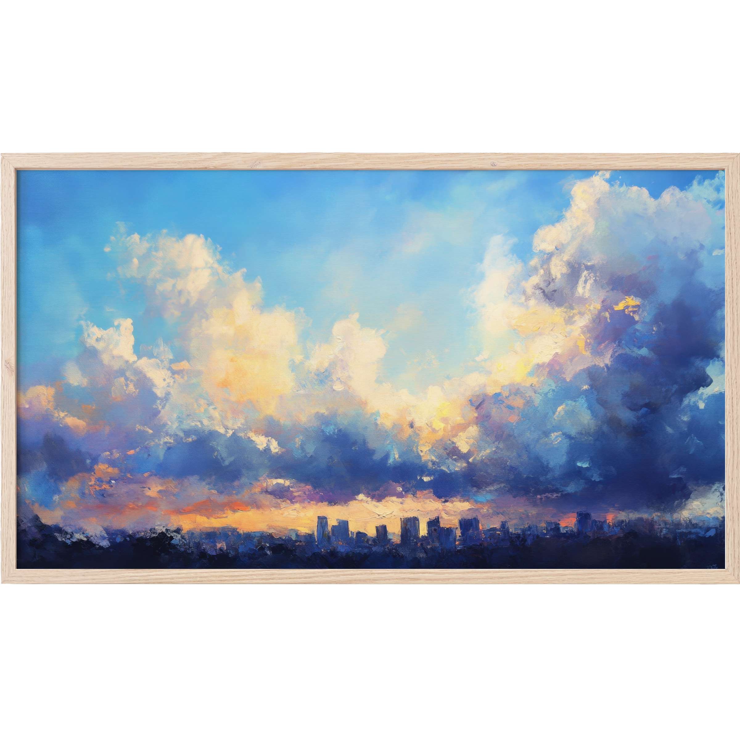 Urban Frame TV Art showcasing a vibrant city skyline beneath luminous, expressive clouds in soft blues and warm golds