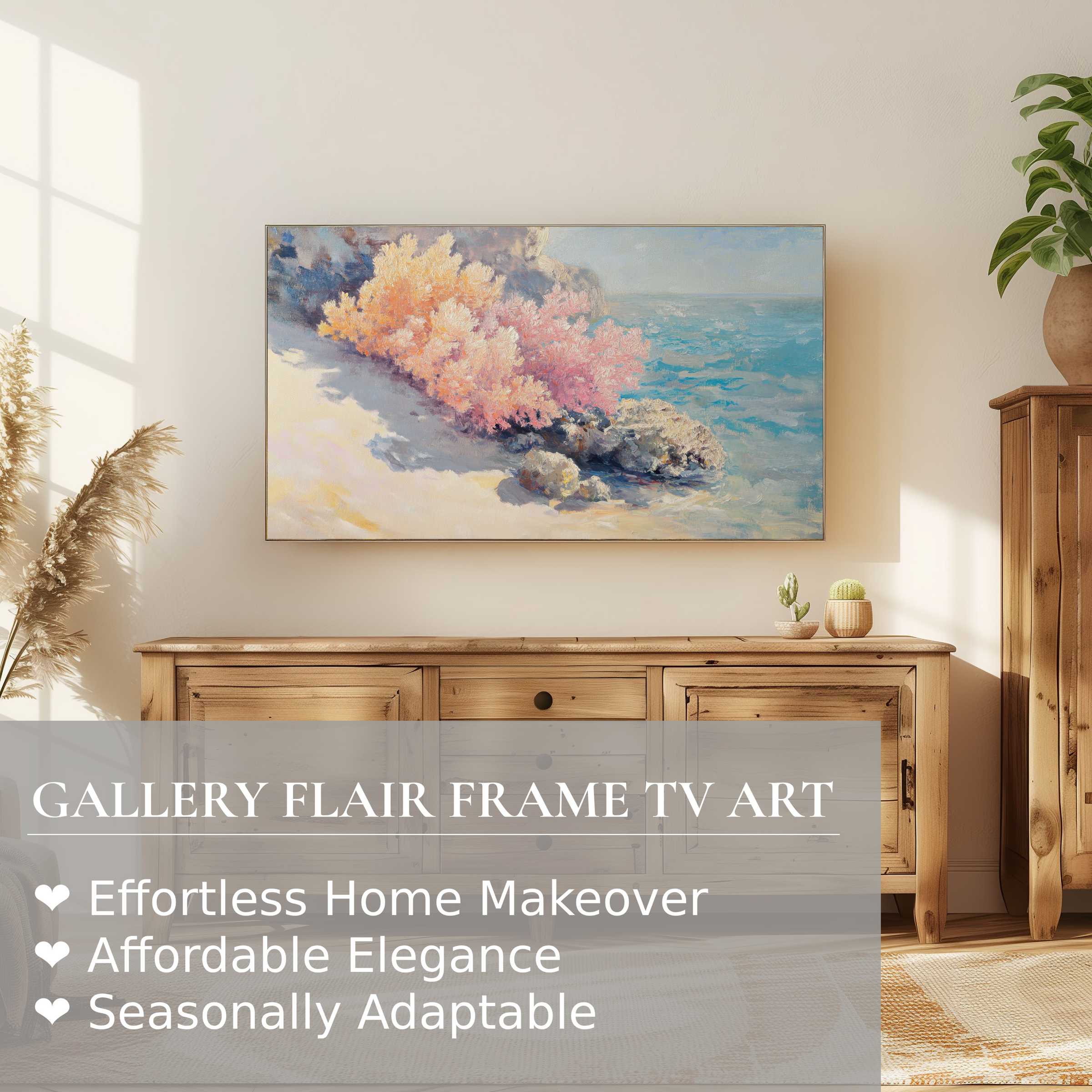 Samsung Frame TV displaying serene beach digital artwork in a light, airy space with natural wood tones