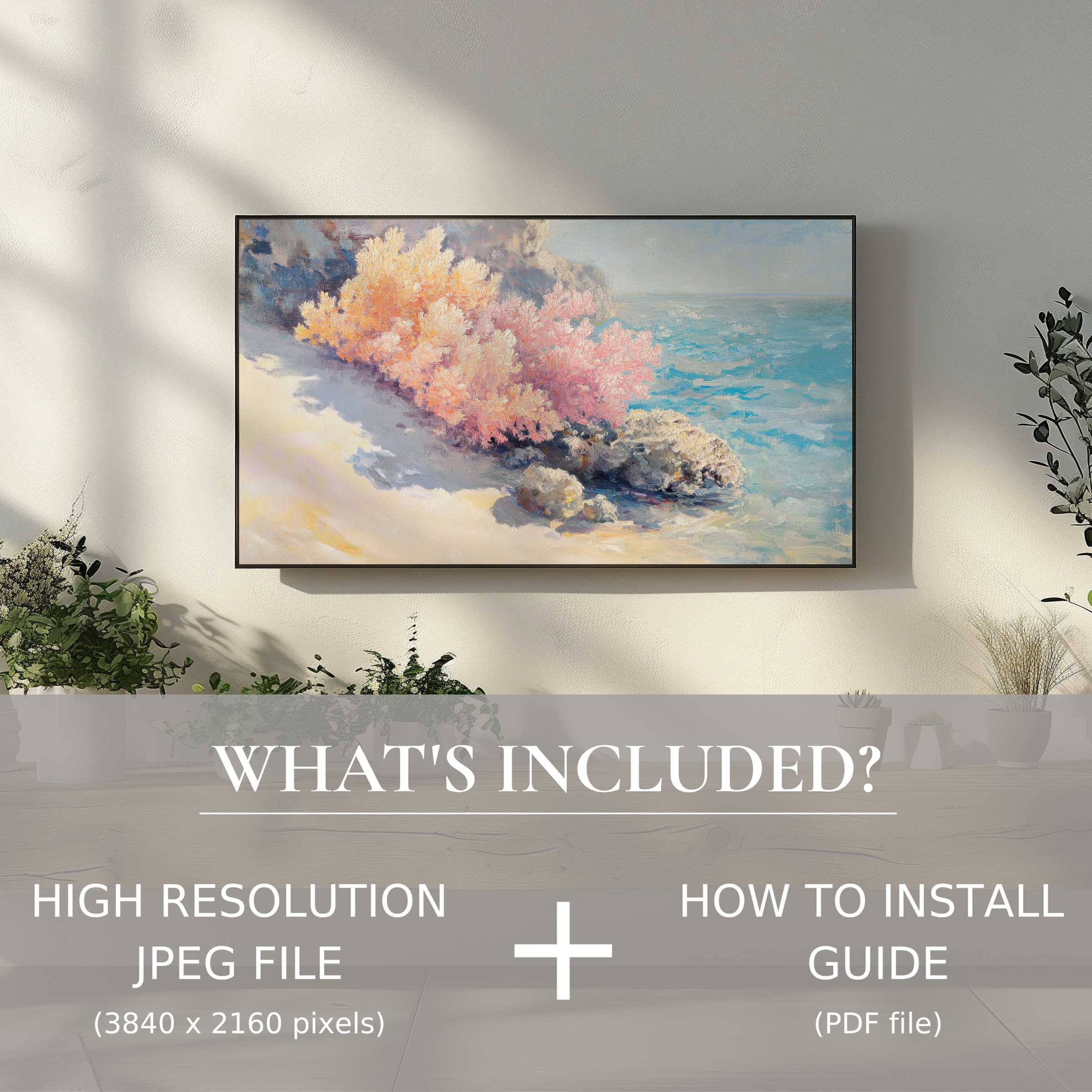 Elegant beach digital TV art download enhances living spaces with easy digital use and serene coastal beauty