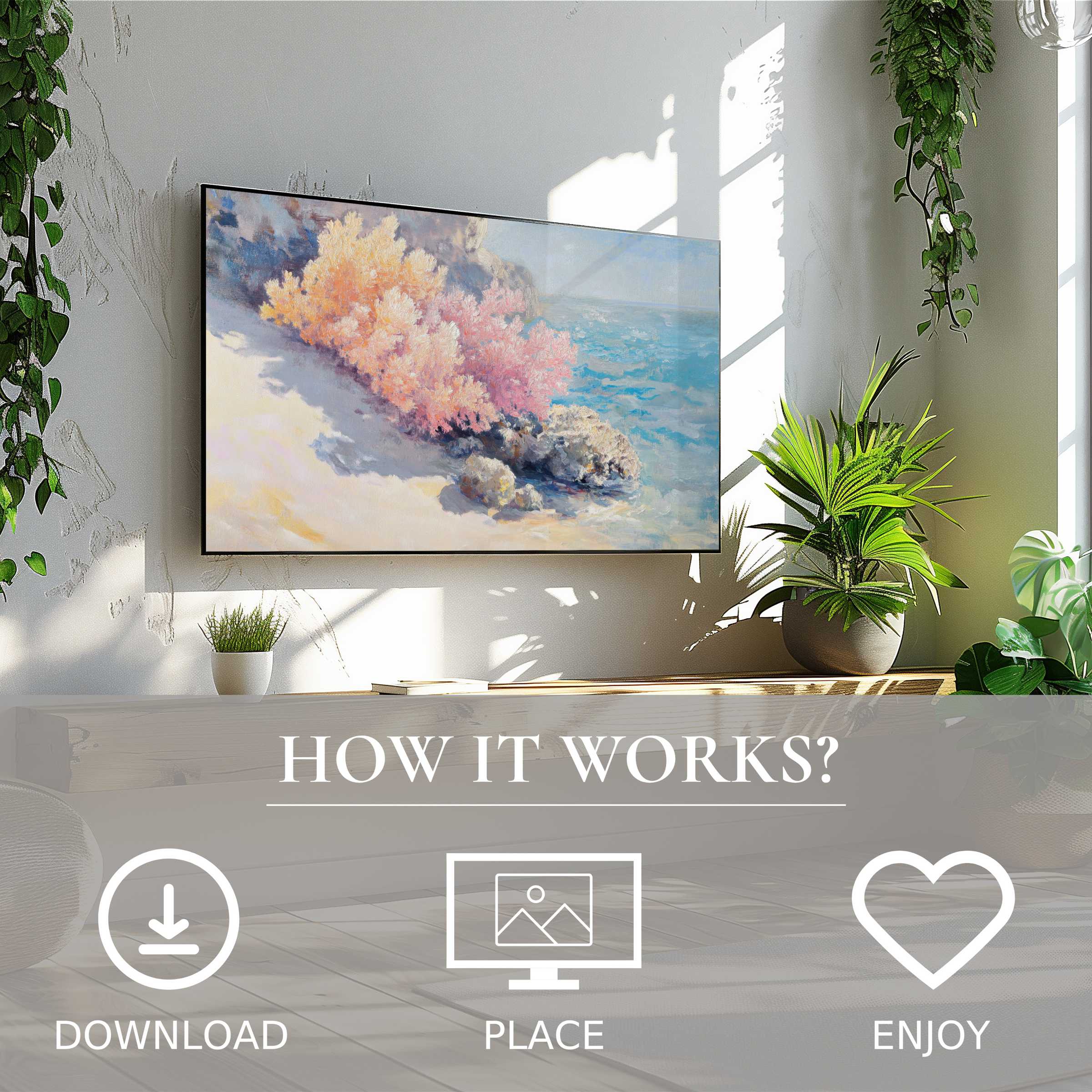 Beach art for Samsung TV with soft coral hues and ocean blues, easy digital download enriches your modern living space