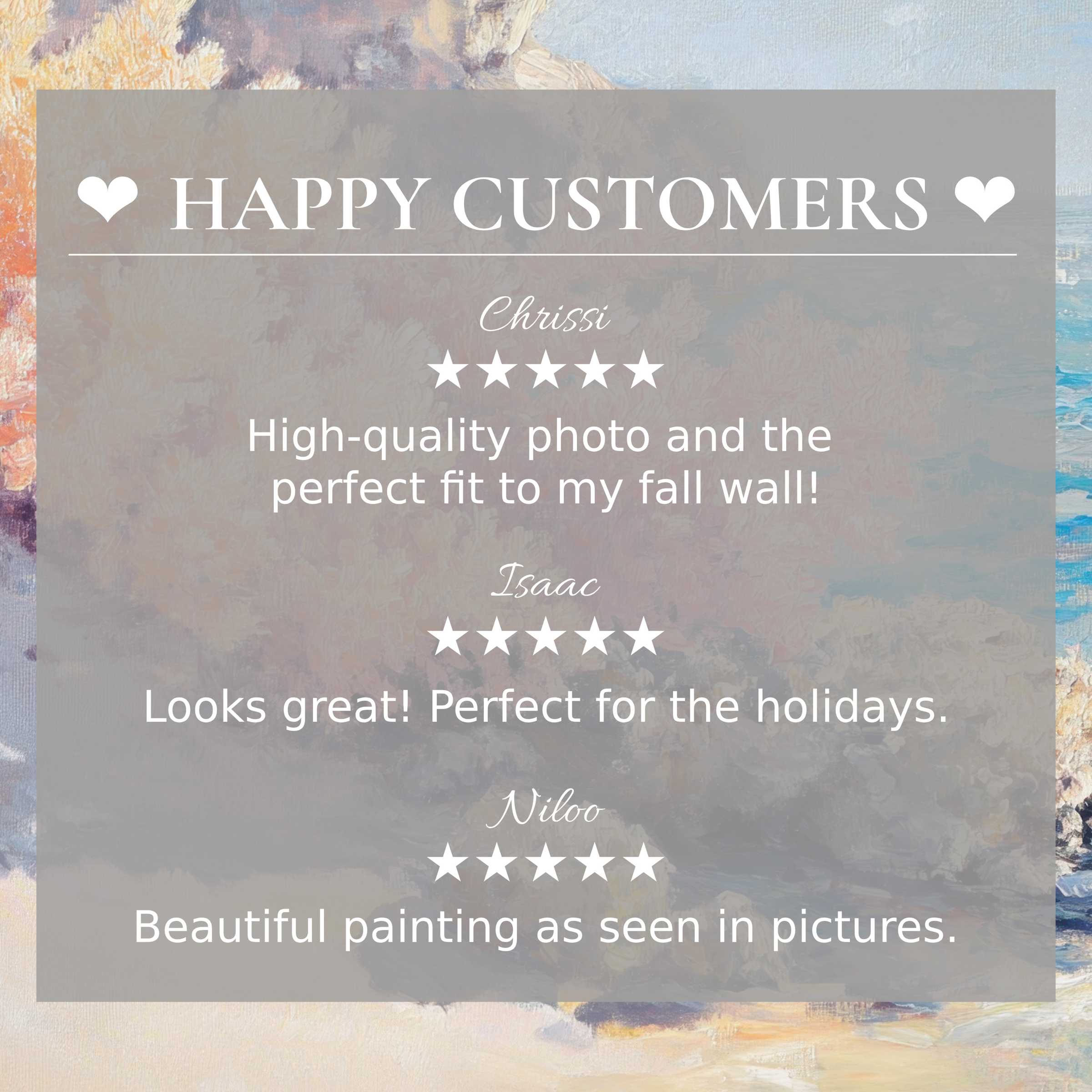 Beach art for Frame TV with abstract sunset hues, showcasing a happy customer and trusted positive reviews