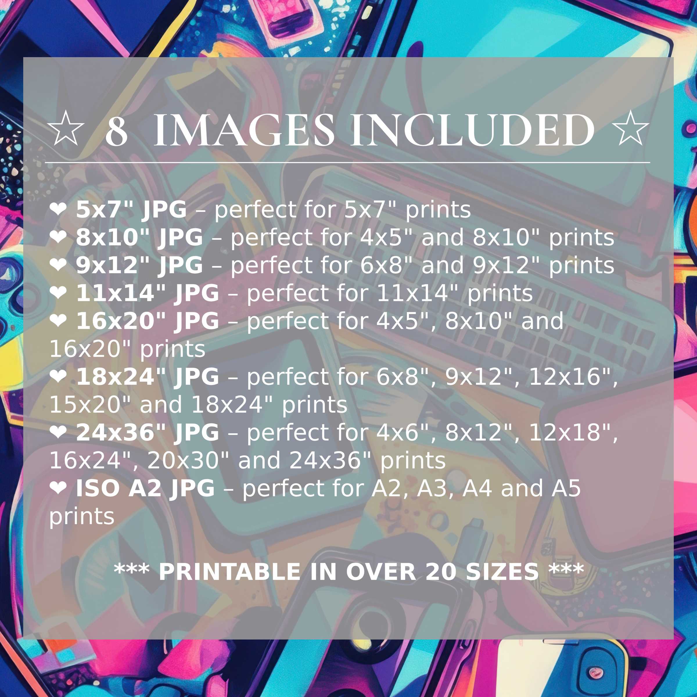 Radiant pop art digital print in vibrant pinks, blues, and purples, elevating modern interiors with style and 8 high-quality sizes included