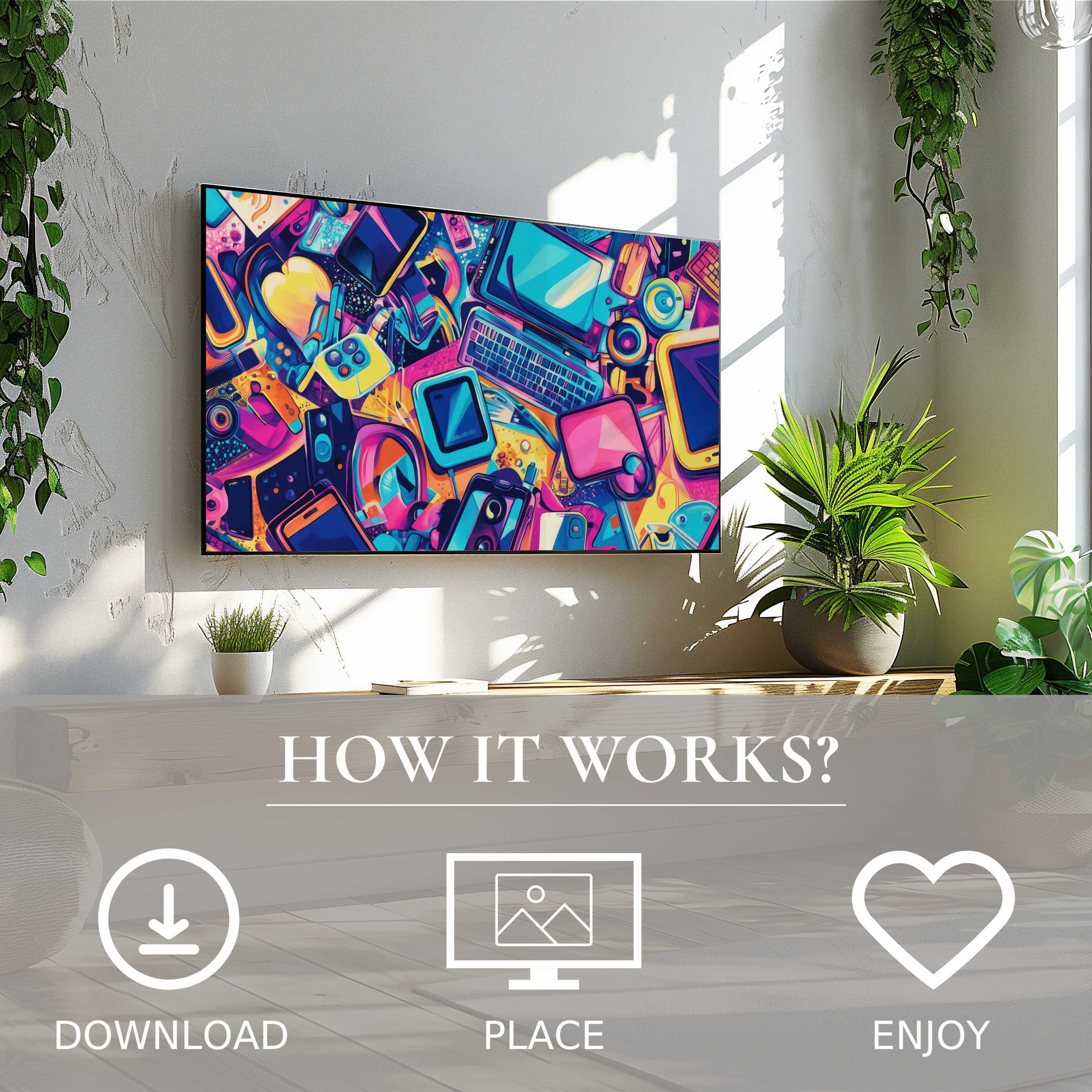 Pop art art for Samsung TV with vibrant tech motif, easy digital download enriches modern living spaces effortlessly