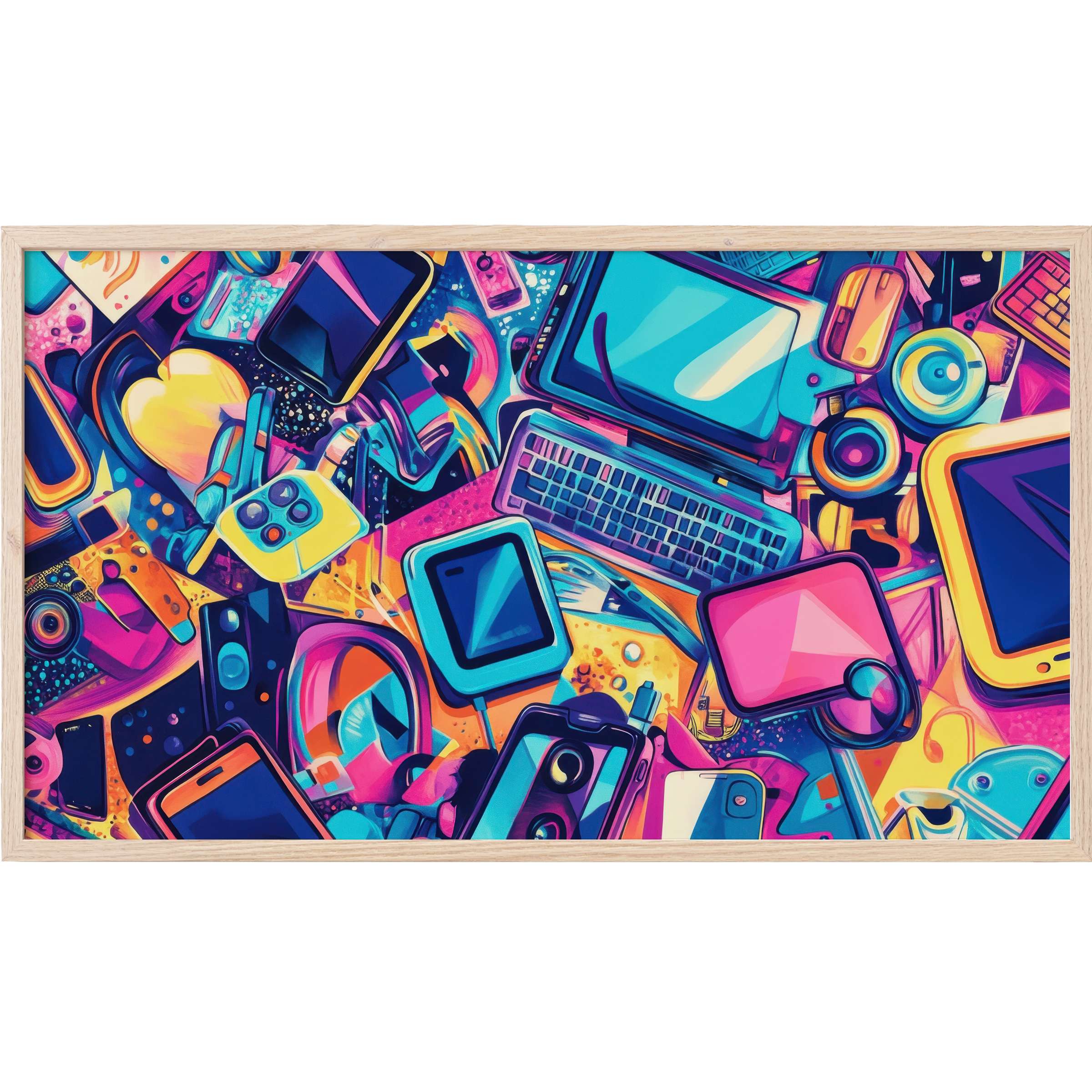 Vibrant tech collage with neon blues, pinks, and yellows in sleek, dynamic pop art Frame TV Art style