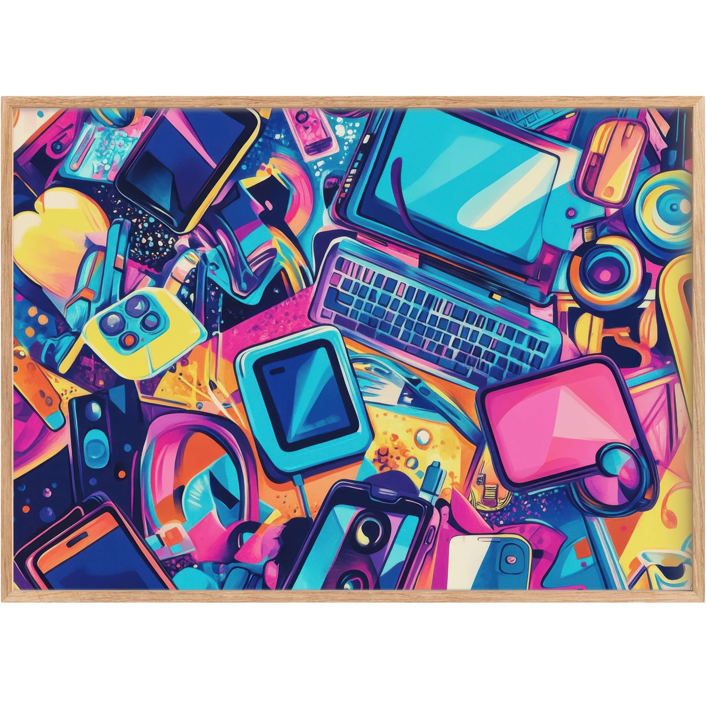 Vibrant pop art printable wall art bursting with electric blues, hot pinks, and sunny yellows, energizing any modern space