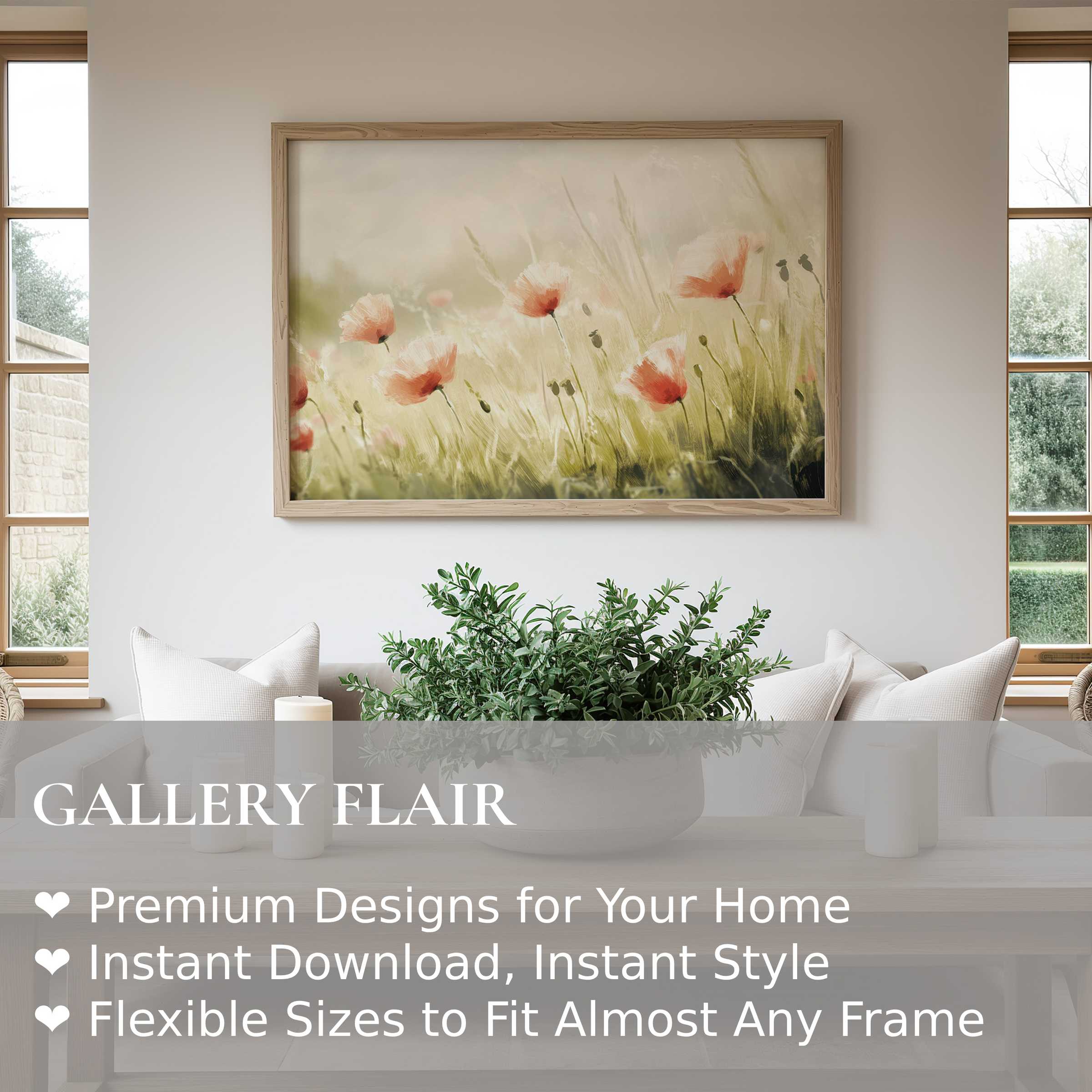 Elegant spring wall art print featuring soft, radiant poppies in a modern minimalist living room, enhancing tranquility and natural beauty