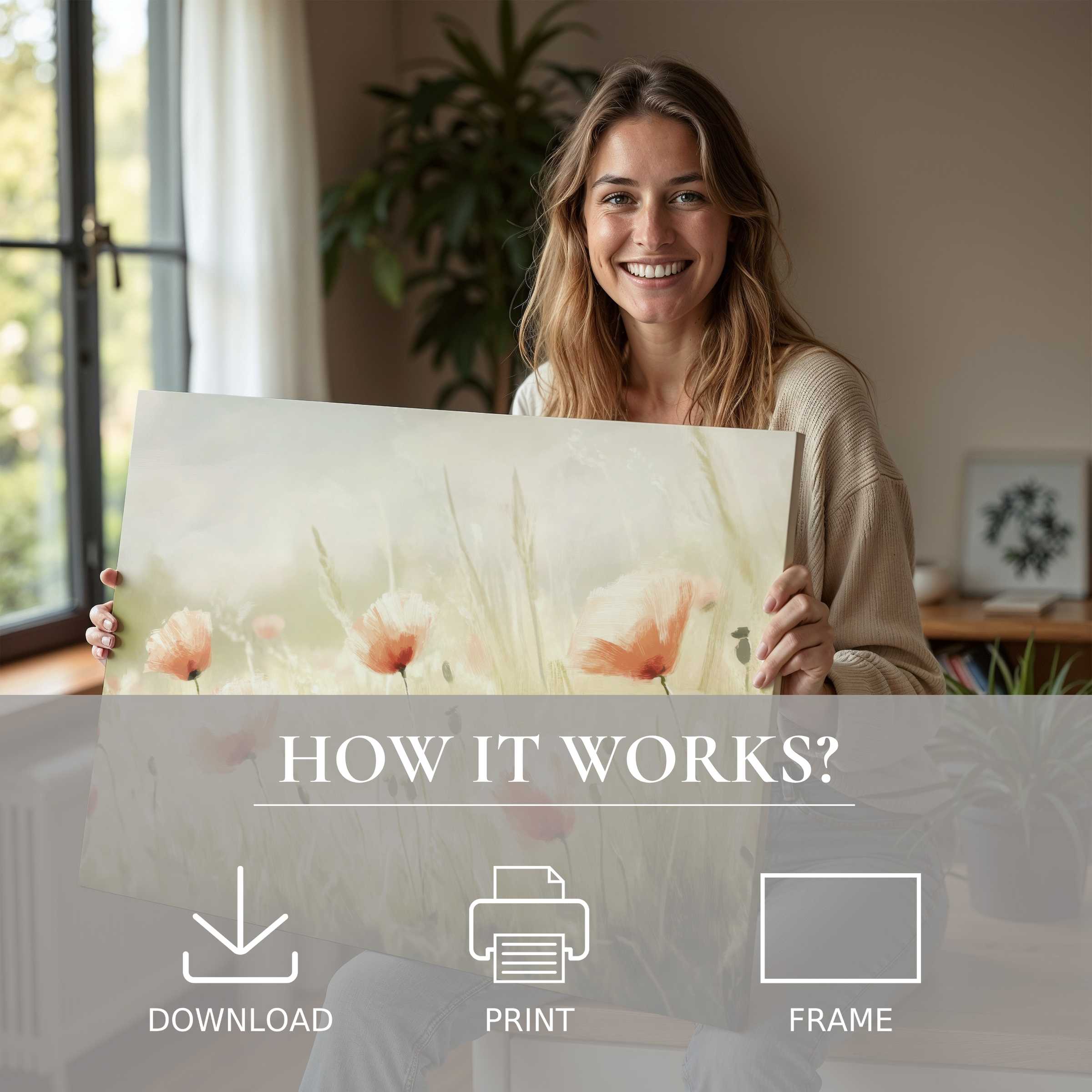 Bright spring digital art print held by a woman in a serene modern home, evoking warmth, connection, and elegant ease